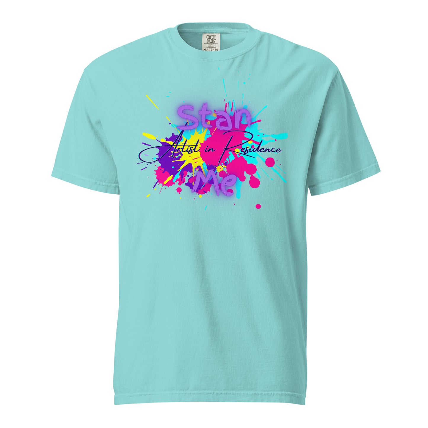 “Stan Me, Artist in Residence” tees featuring paint splatter designs, blending artistic creativity with stan culture. Available in 8 unique styles. Perfect for artists looking to attract fans and gigs.