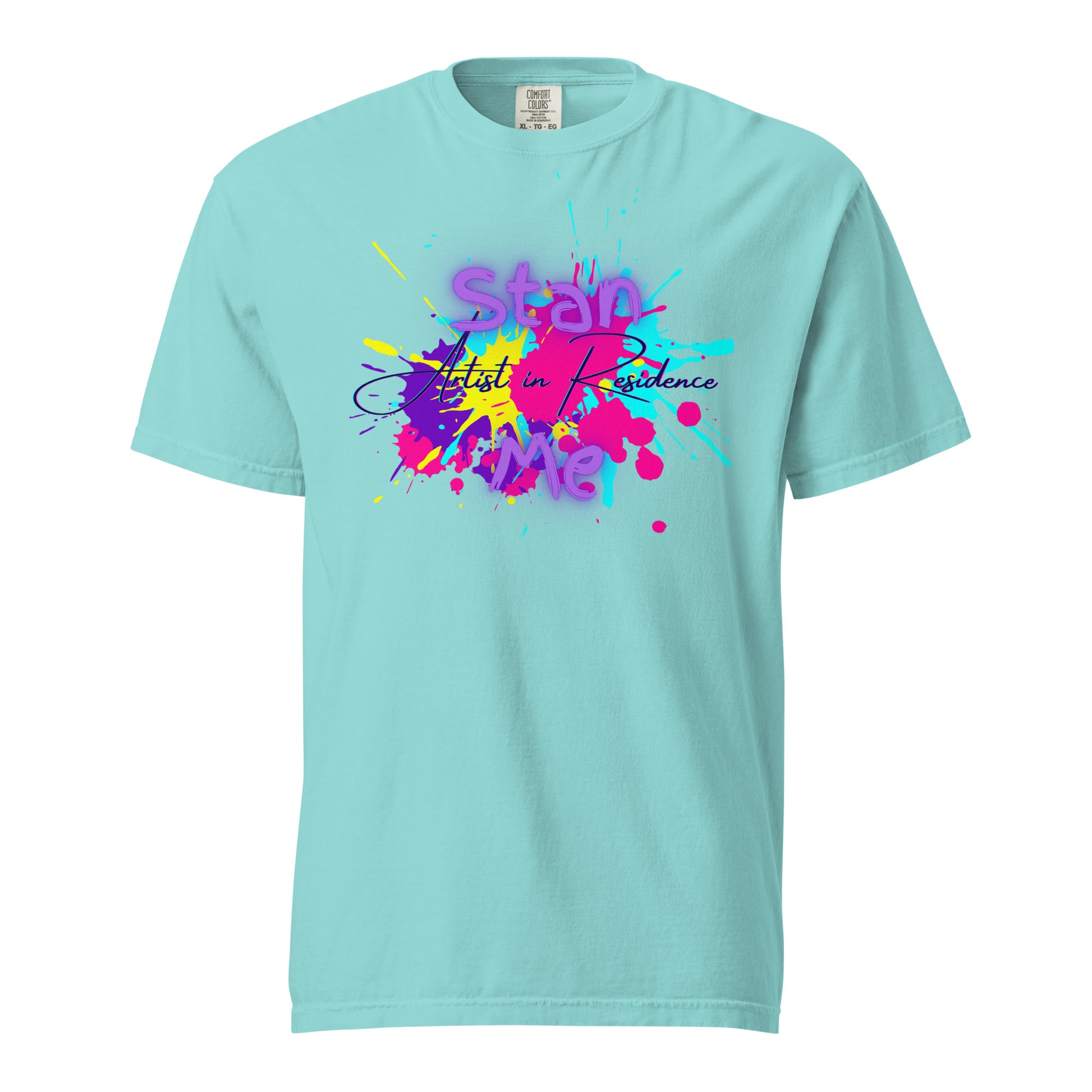 “Stan Me, Artist in Residence” tees featuring paint splatter designs, blending artistic creativity with stan culture. Available in 8 unique styles. Perfect for artists looking to attract fans and gigs.