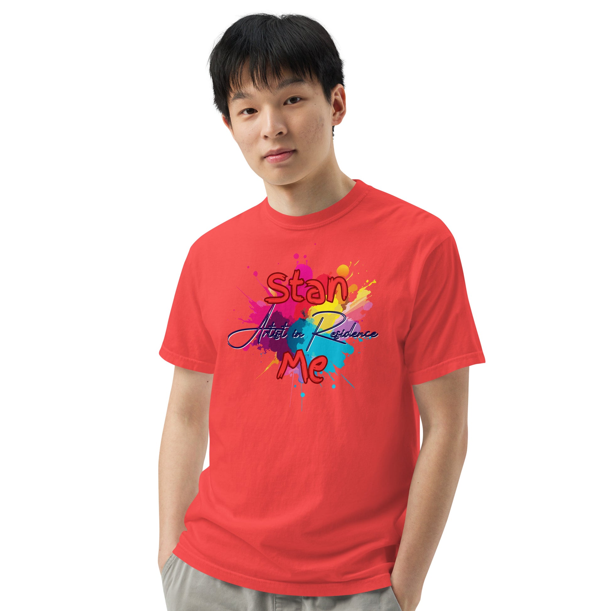 “Stan Me, Artist in Residence” tees featuring paint splatter designs, blending artistic creativity with stan culture. Available in 8 unique styles. Perfect for artists looking to attract fans and gigs.