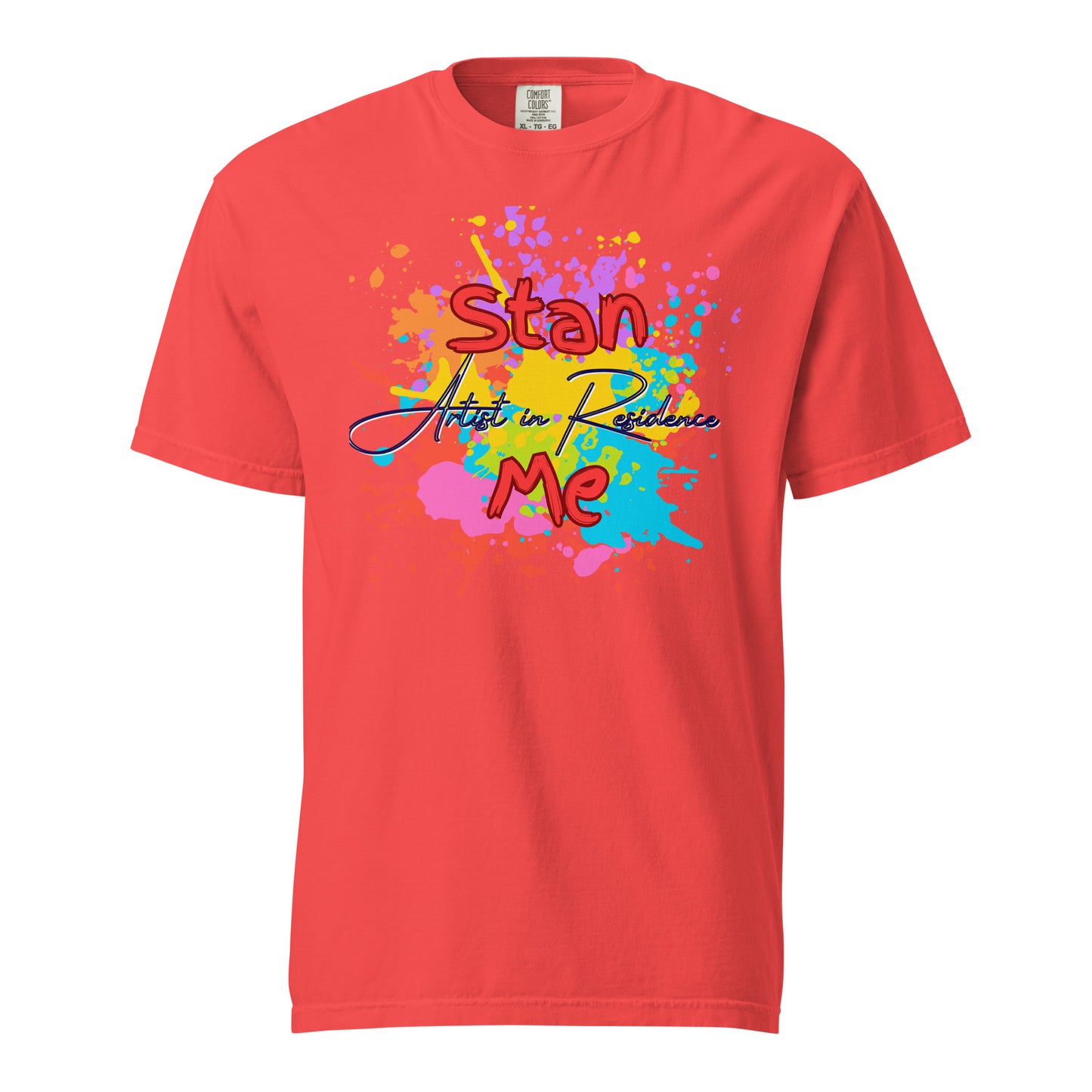 “Stan Me, Artist in Residence” tees featuring paint splatter designs, blending artistic creativity with stan culture. Available in 8 unique styles. Perfect for artists looking to attract fans and gigs. orange tee
