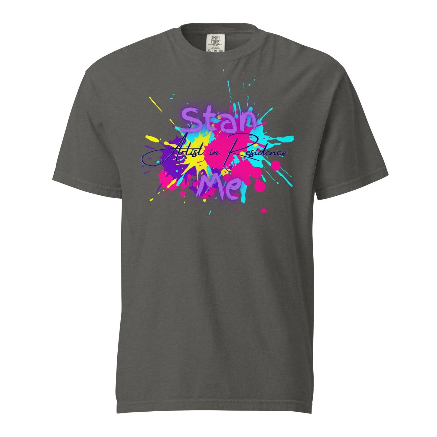 “Stan Me, Artist in Residence” tees featuring paint splatter designs, blending artistic creativity with stan culture. Available in 8 unique styles. Perfect for artists looking to attract fans and gigs.