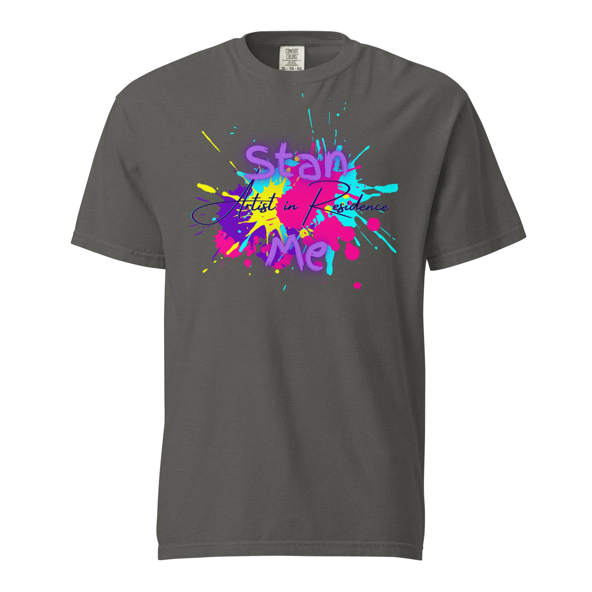 “Stan Me, Artist in Residence” tees featuring paint splatter designs, blending artistic creativity with stan culture. Available in 8 unique styles. Perfect for artists looking to attract fans and gigs.
