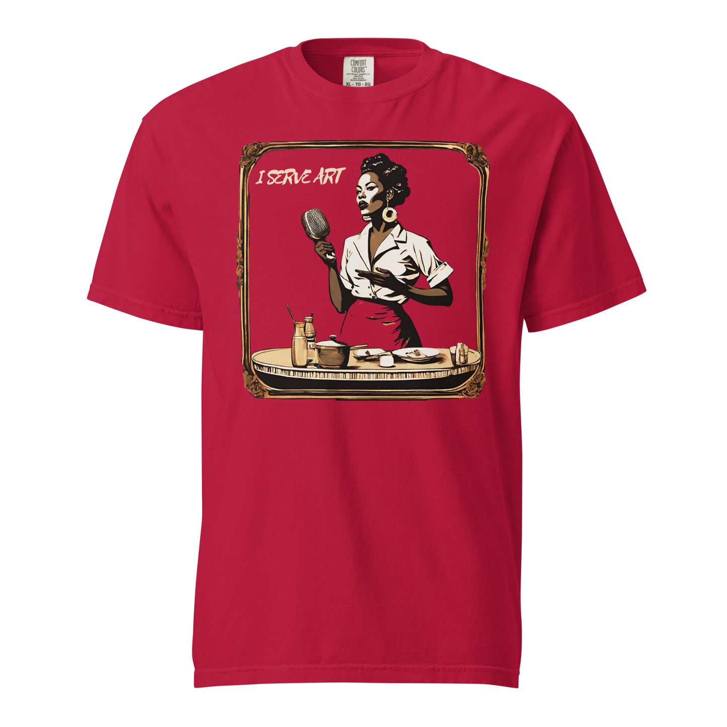 I Serve Art Waitress/Mic Heavyweight Unisex Dark T-Shirt - Gold
