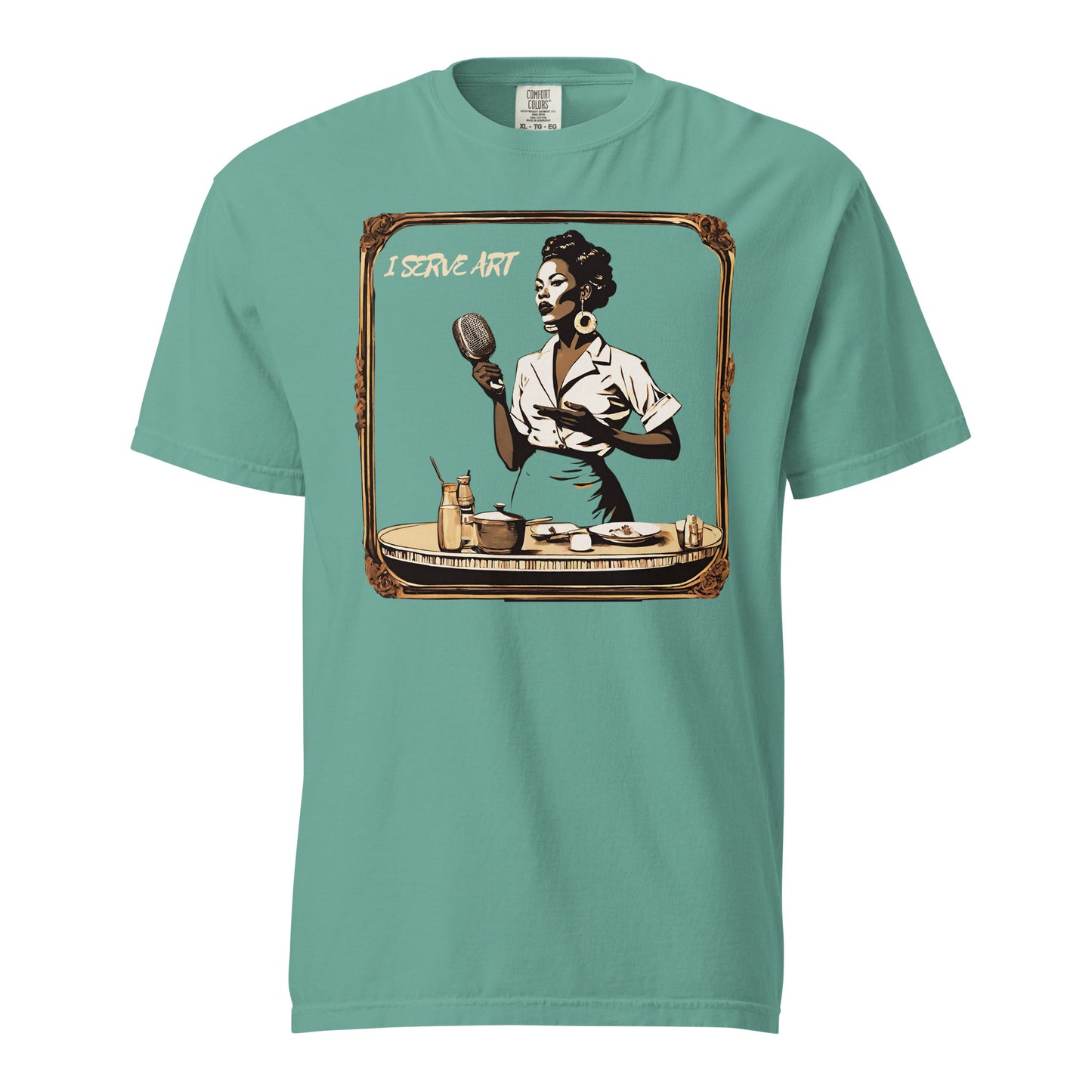 I Serve Art Waitress/Mic Heavyweight Unisex Dark T-Shirt - Gold