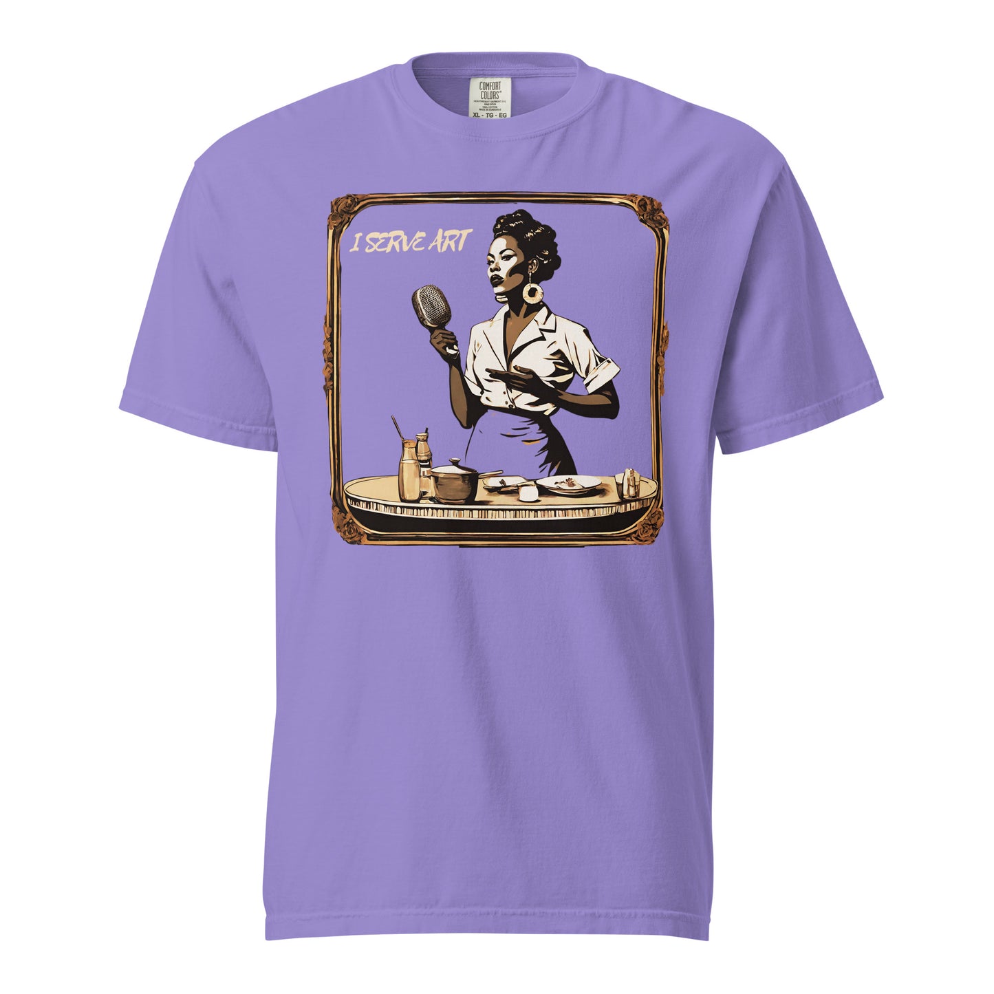 I Serve Art Waitress/Mic Heavyweight Unisex Dark T-Shirt - Gold