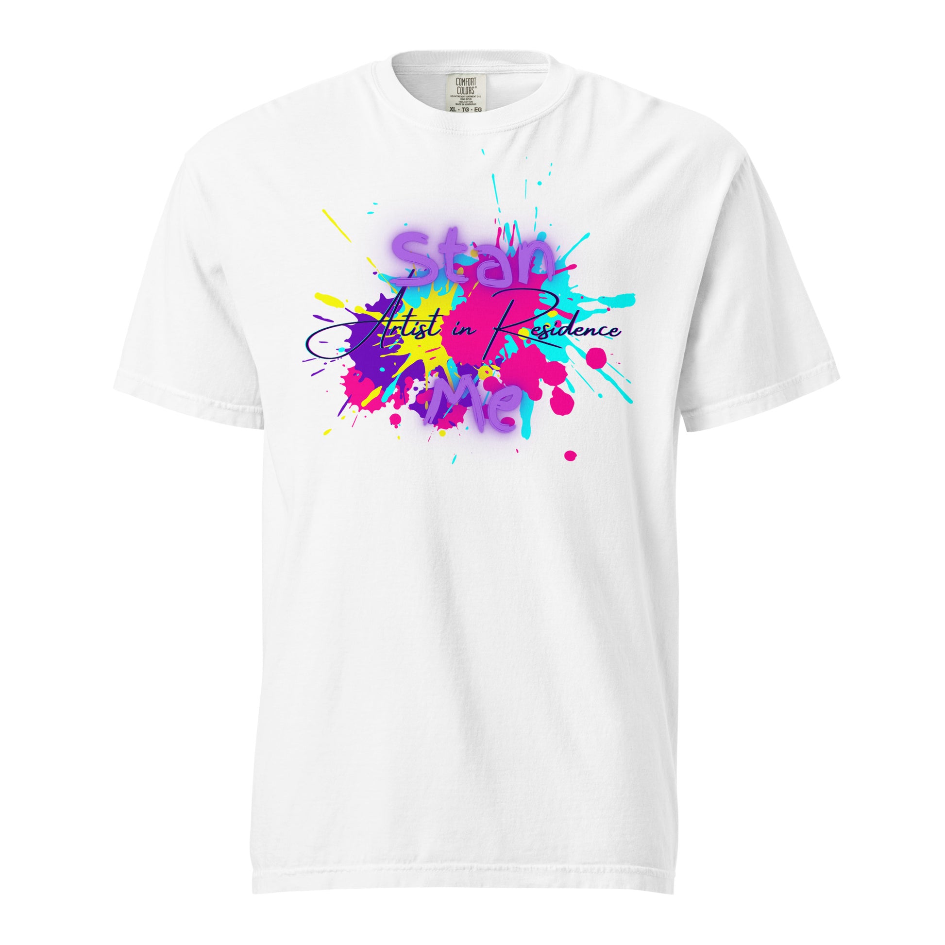 “Stan Me, Artist in Residence” tees featuring paint splatter designs, blending artistic creativity with stan culture. Available in 8 unique styles. Perfect for artists looking to attract fans and gigs.