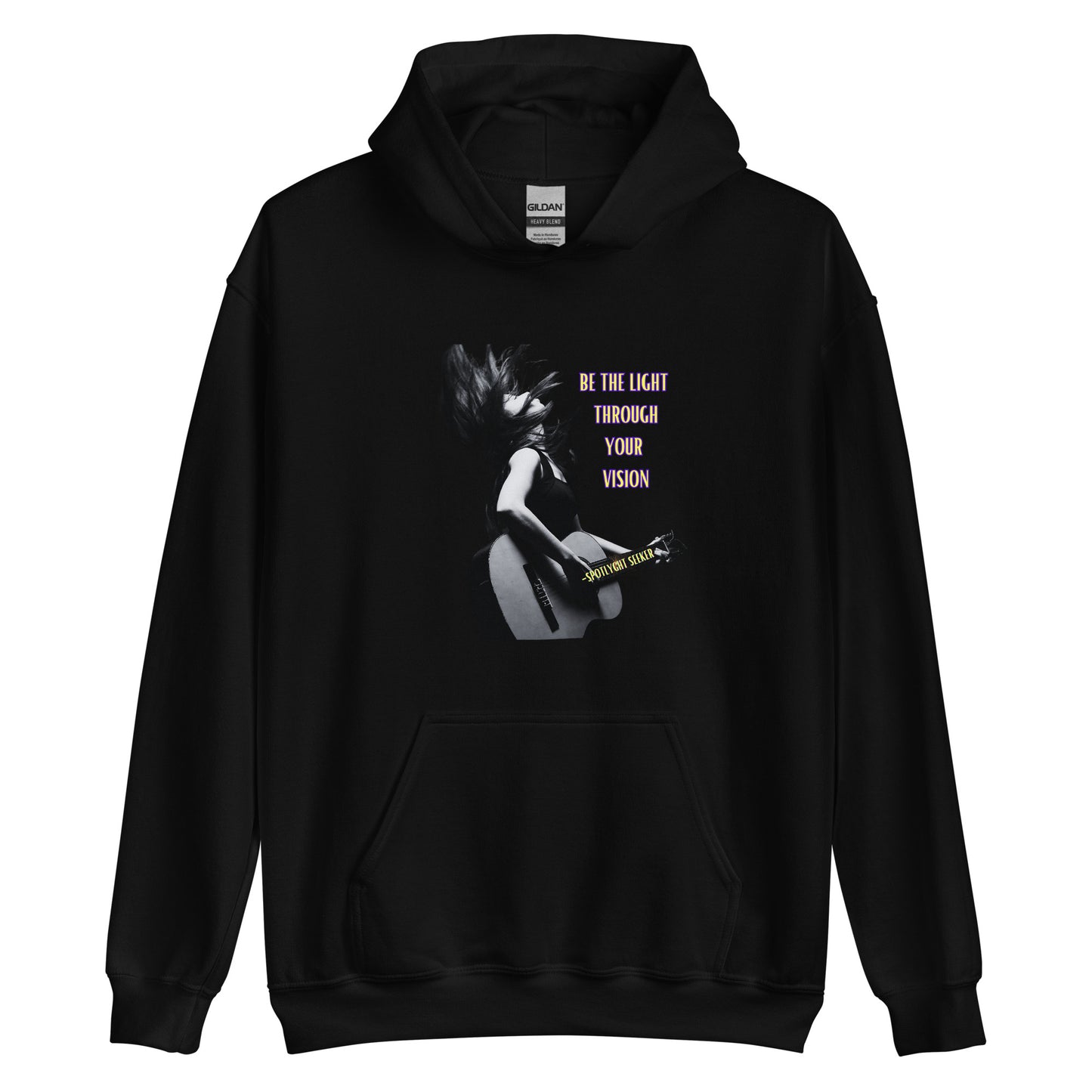 A stylish black and white Heavyweight Be the Light Unisex Hoodie displayed against a backdrop of creativity. The bold graphics symbolize authenticity, inviting artists to embrace their vision and be the light for their audience.