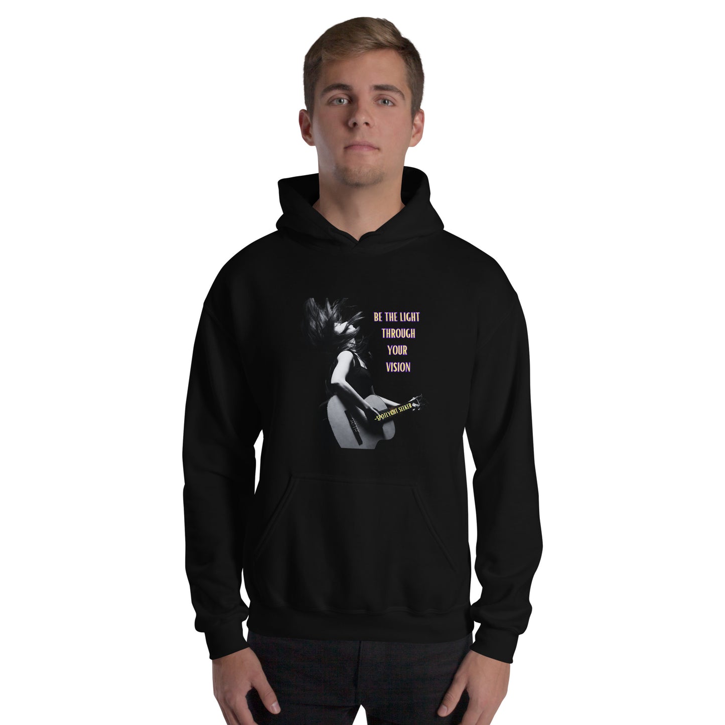 A stylish black and white Heavyweight Be the Light Unisex Hoodie displayed against a backdrop of creativity. The bold graphics symbolize authenticity, inviting artists to embrace their vision and be the light for their audience.