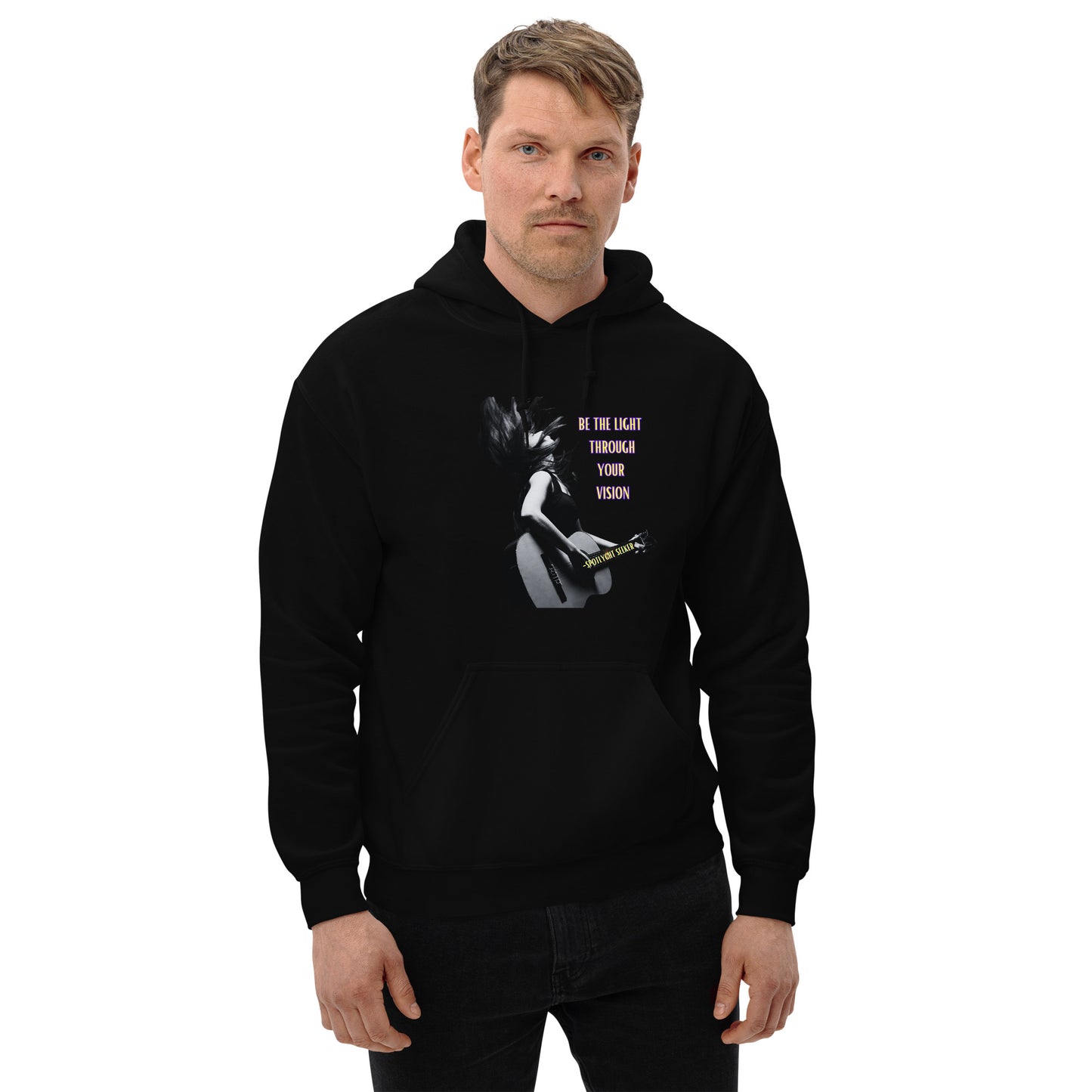 A stylish black and white Heavyweight Be the Light Unisex Hoodie displayed against a backdrop of creativity. The bold graphics symbolize authenticity, inviting artists to embrace their vision and be the light for their audience.