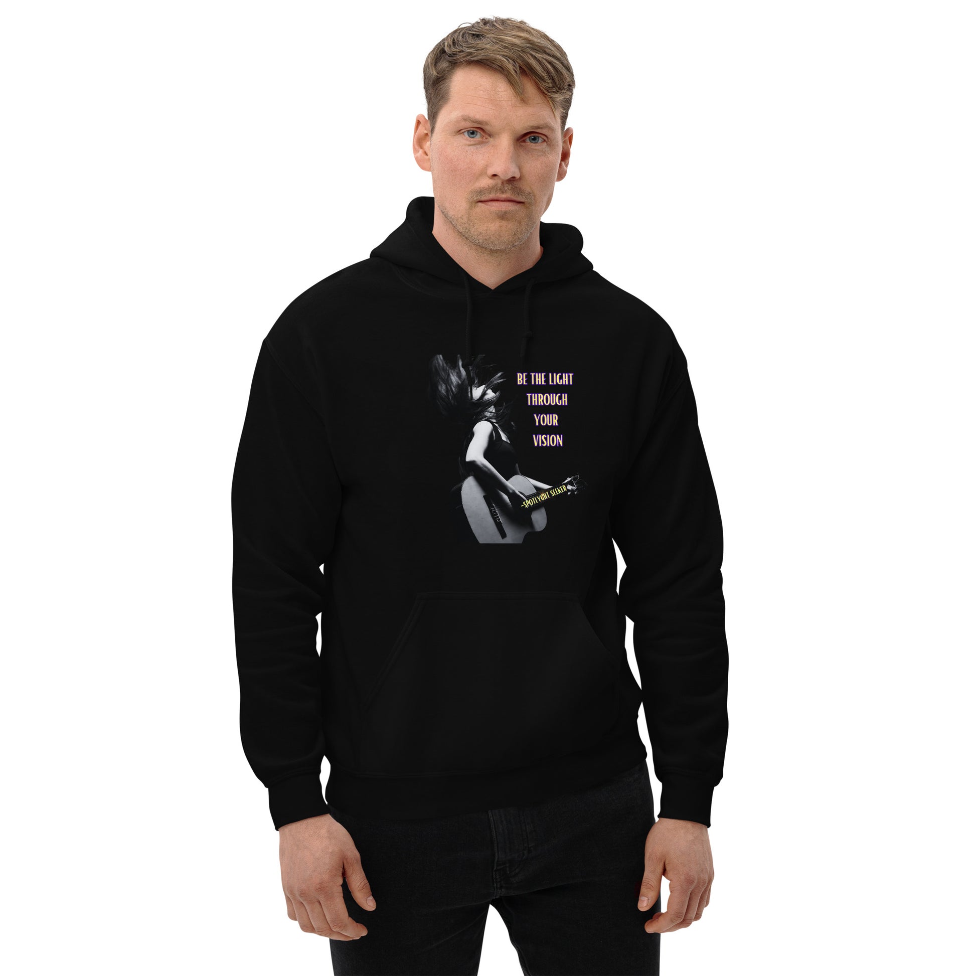 A stylish black and white Heavyweight Be the Light Unisex Hoodie displayed against a backdrop of creativity. The bold graphics symbolize authenticity, inviting artists to embrace their vision and be the light for their audience.