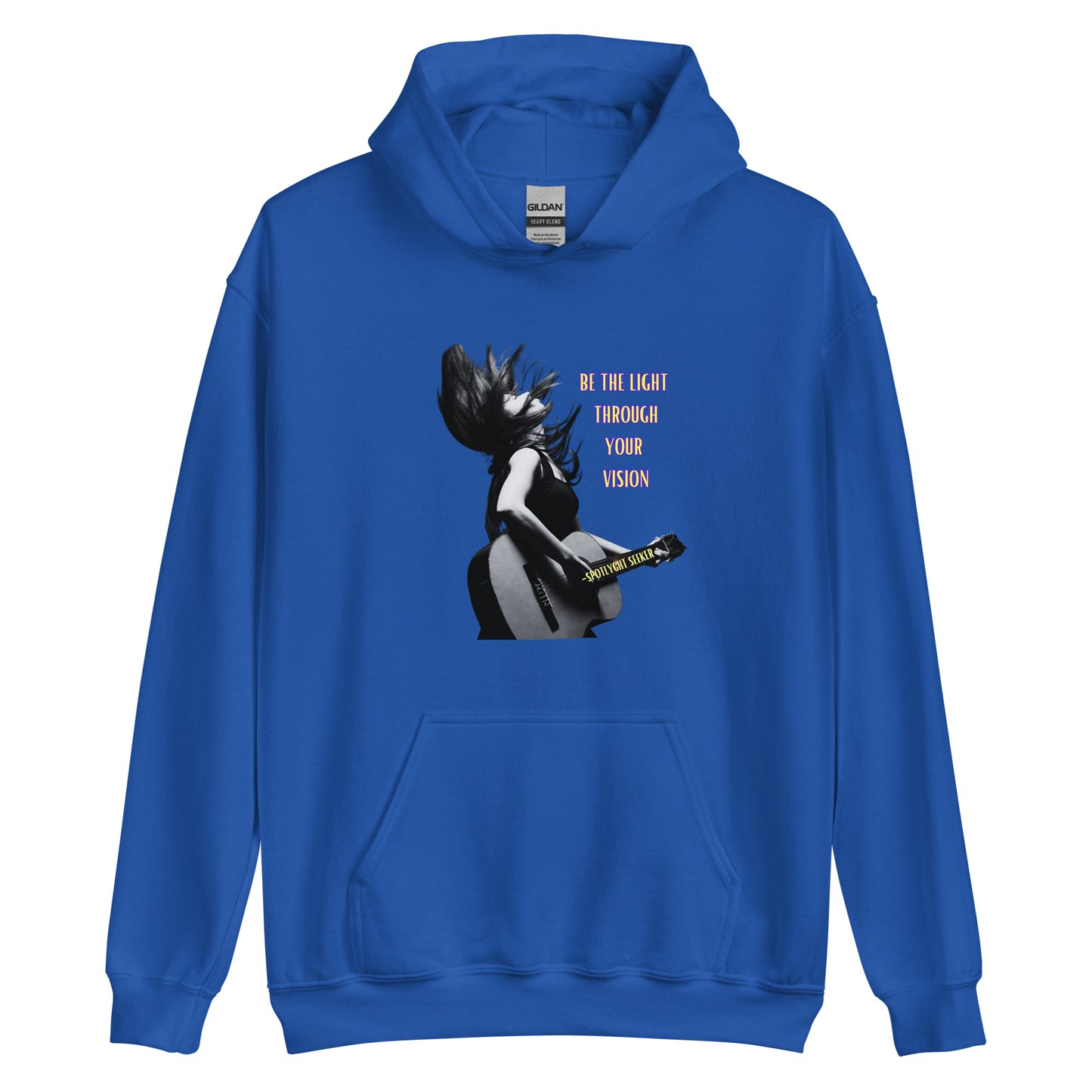 A stylish black and white Heavyweight Be the Light Unisex Hoodie displayed against a backdrop of creativity. The bold graphics symbolize authenticity, inviting artists to embrace their vision and be the light for their audience.