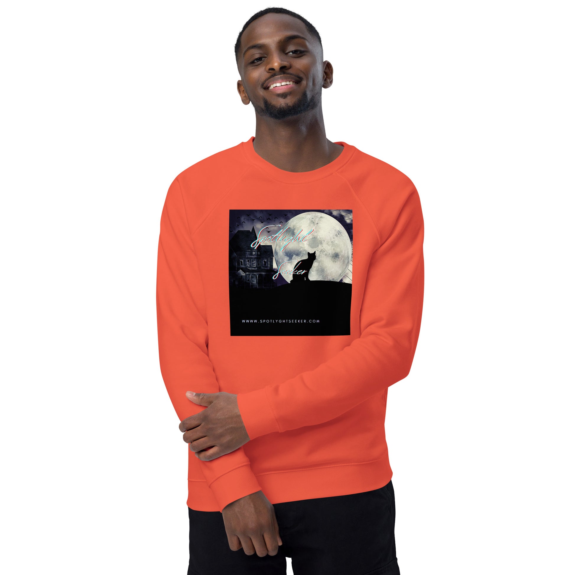 Image of the Cat Call Unisex Fitted Eco Sweatshirt - 'Cat Moon' design, a sleek and cozy sweatshirt symbolizing artists' claim to the spotlight, featuring a captivating cat and moon motif. Crafted from eco-friendly materials. 🎨🌙