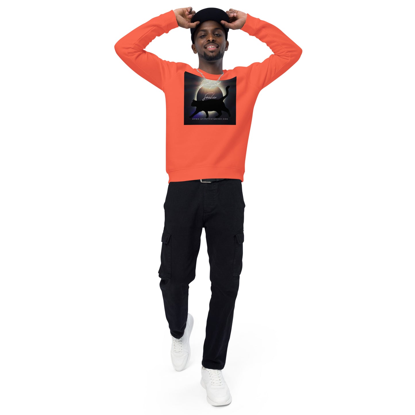 Image of the Cat Call Unisex Fitted Eco Sweatshirt - 'Strut' design, a comfortable and stylish sweatshirt capturing the essence of confident artists claiming their spotlight. Crafted from eco-friendly materials. 🎨💃