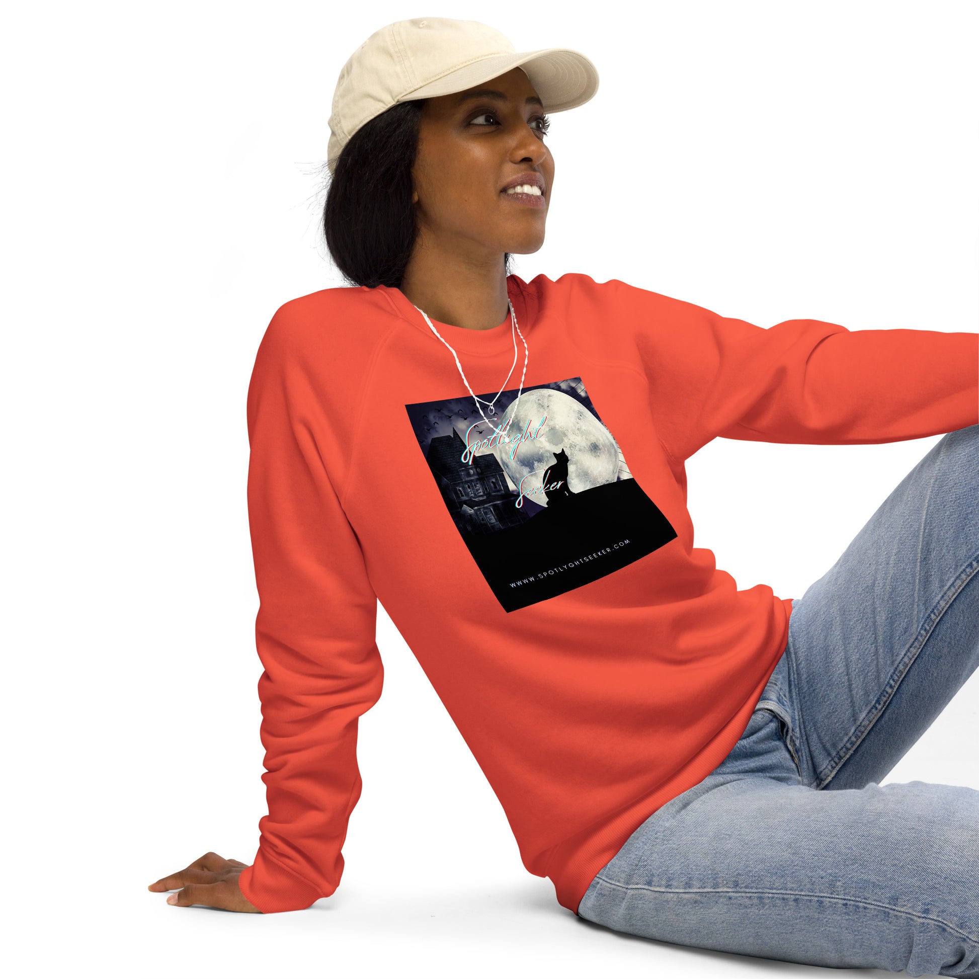 Image of the Cat Call Unisex Fitted Eco Sweatshirt - 'Cat Moon' design, a sleek and cozy sweatshirt symbolizing artists' claim to the spotlight, featuring a captivating cat and moon motif. Crafted from eco-friendly materials. 🎨🌙