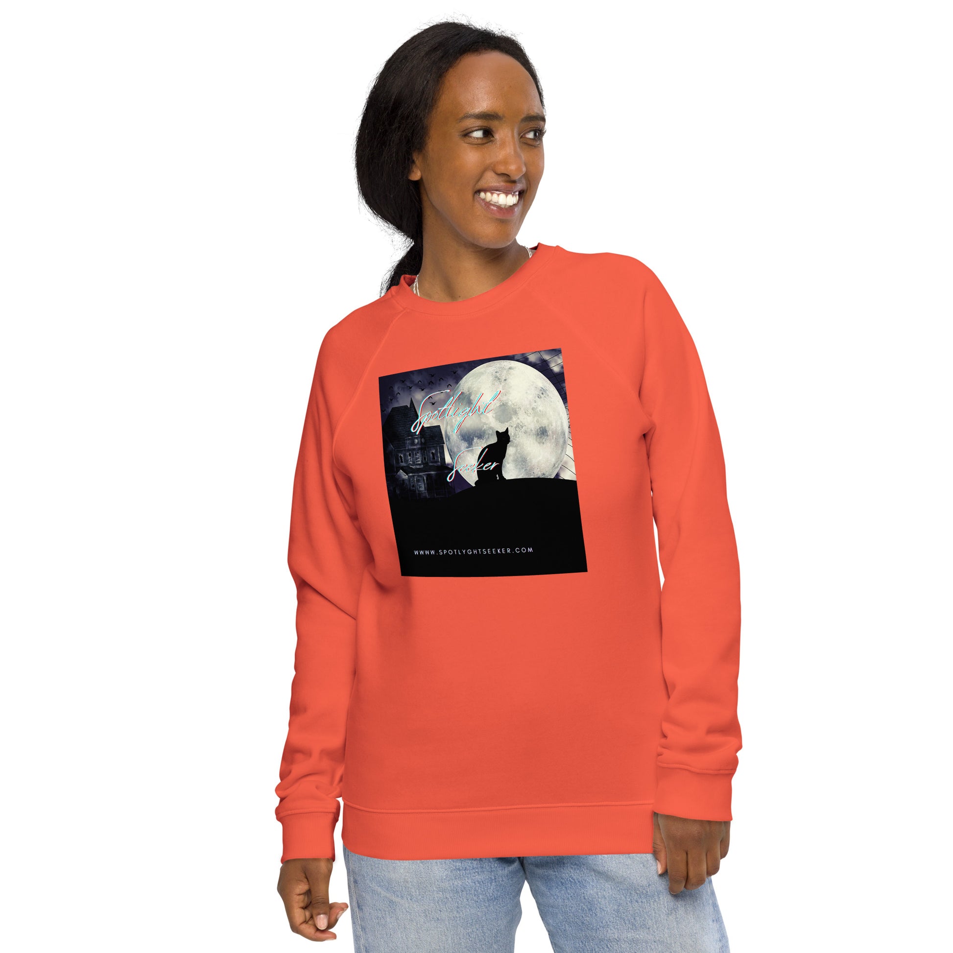 Image of the Cat Call Unisex Fitted Eco Sweatshirt - 'Cat Moon' design, a sleek and cozy sweatshirt symbolizing artists' claim to the spotlight, featuring a captivating cat and moon motif. Crafted from eco-friendly materials. 🎨🌙