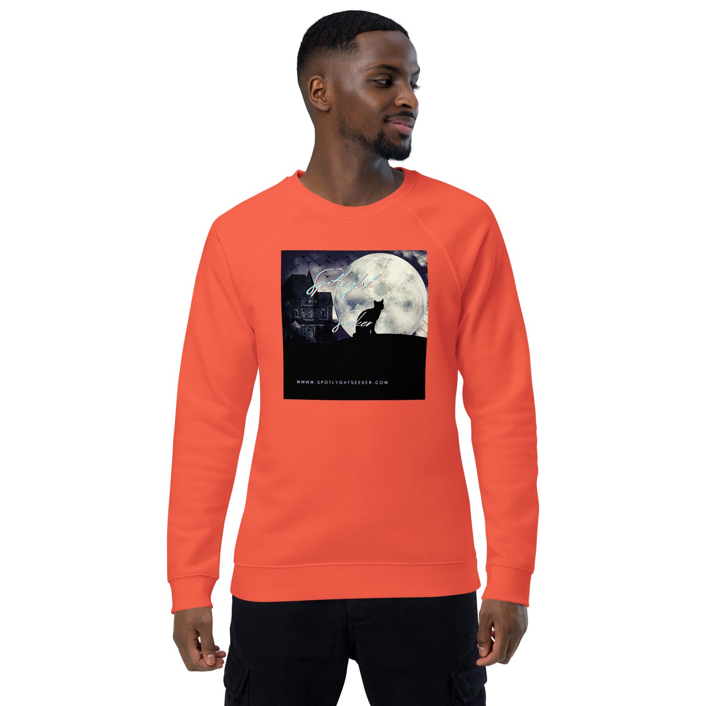 Image of the Cat Call Unisex Fitted Eco Sweatshirt - 'Cat Moon' design, a sleek and cozy sweatshirt symbolizing artists' claim to the spotlight, featuring a captivating cat and moon motif. Crafted from eco-friendly materials. 🎨🌙