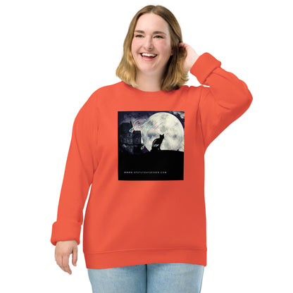 Image of the Cat Call Unisex Fitted Eco Sweatshirt - 'Cat Moon' design, a sleek and cozy sweatshirt symbolizing artists' claim to the spotlight, featuring a captivating cat and moon motif. Crafted from eco-friendly materials. 🎨🌙