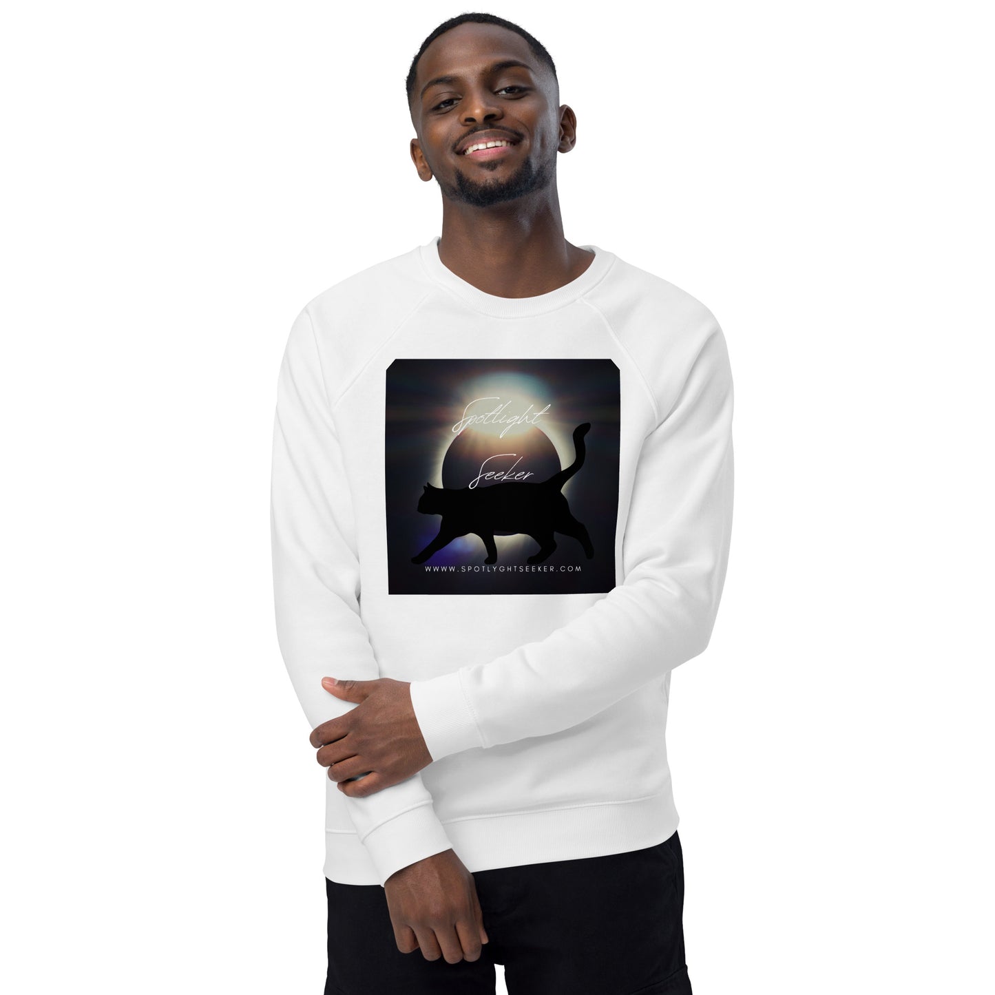 Image of the Cat Call Unisex Fitted Eco Sweatshirt - 'Strut' design, a comfortable and stylish sweatshirt capturing the essence of confident artists claiming their spotlight. Crafted from eco-friendly materials. 🎨💃