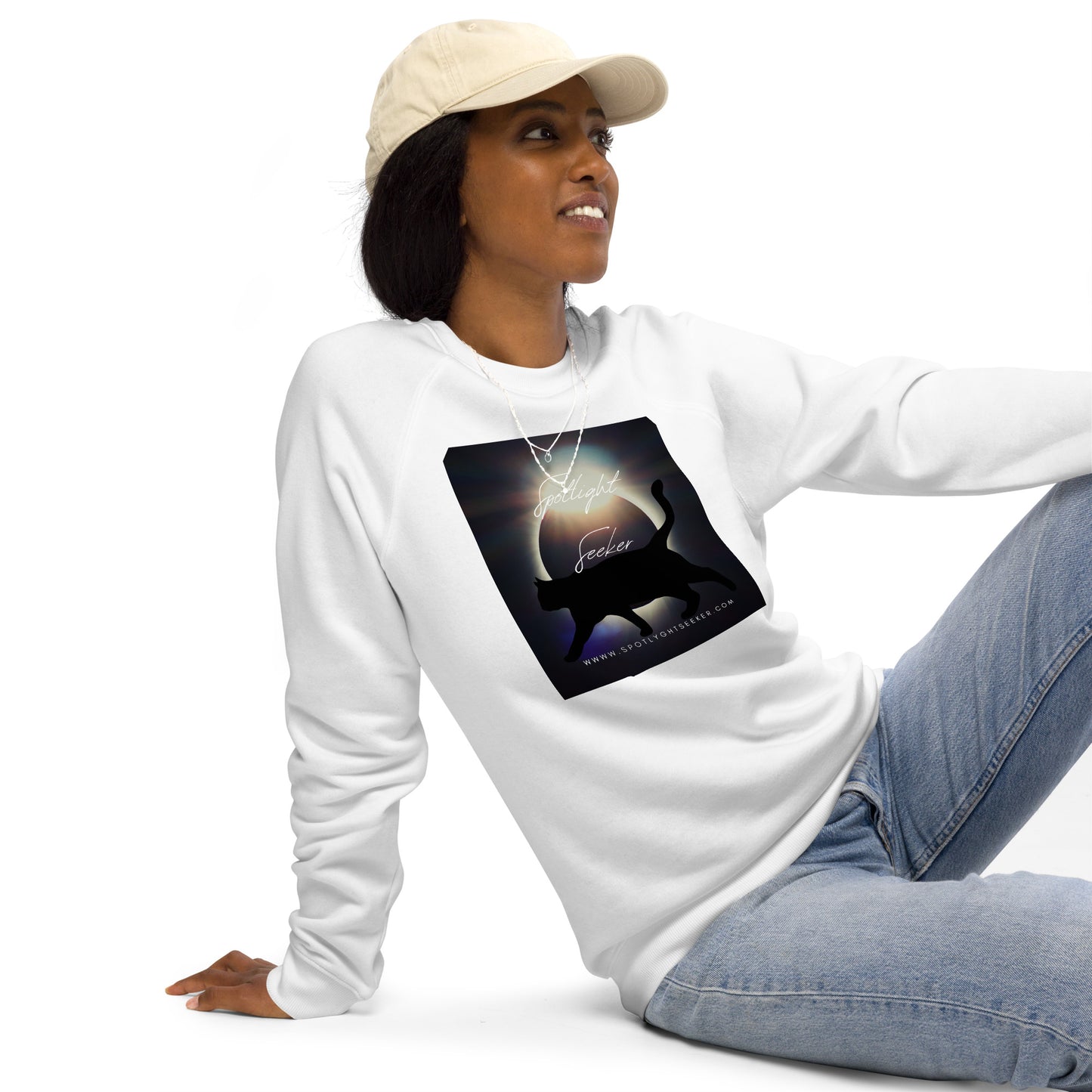 Image of the Cat Call Unisex Fitted Eco Sweatshirt - 'Strut' design, a comfortable and stylish sweatshirt capturing the essence of confident artists claiming their spotlight. Crafted from eco-friendly materials. 🎨💃