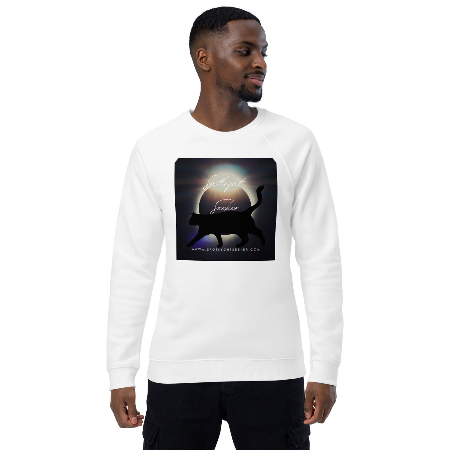 Image of the Cat Call Unisex Fitted Eco Sweatshirt - 'Strut' design, a comfortable and stylish sweatshirt capturing the essence of confident artists claiming their spotlight. Crafted from eco-friendly materials. 🎨💃