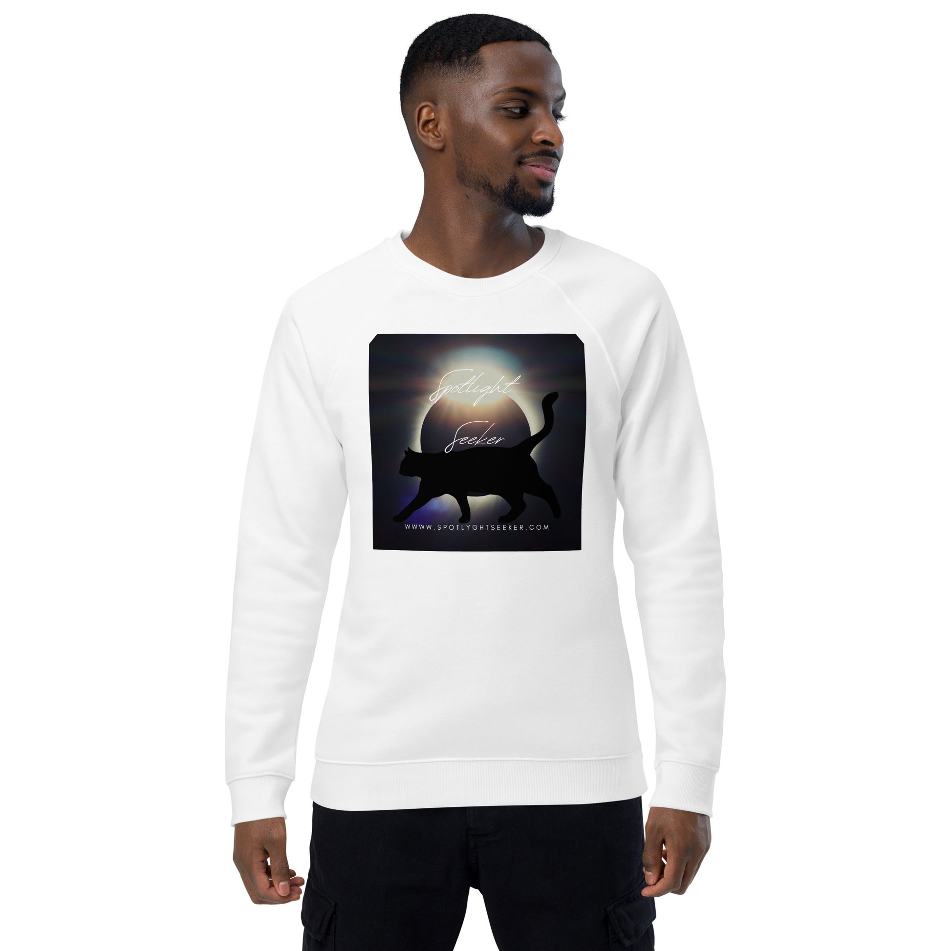 Image of the Cat Call Unisex Fitted Eco Sweatshirt - 'Strut' design, a comfortable and stylish sweatshirt capturing the essence of confident artists claiming their spotlight. Crafted from eco-friendly materials. 🎨💃