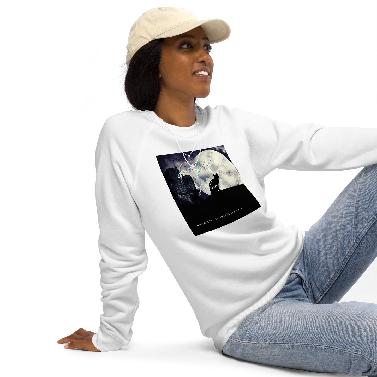 Image of the Cat Call Unisex Fitted Eco Sweatshirt - 'Cat Moon' design, a sleek and cozy sweatshirt symbolizing artists' claim to the spotlight, featuring a captivating cat and moon motif. Crafted from eco-friendly materials. 🎨🌙