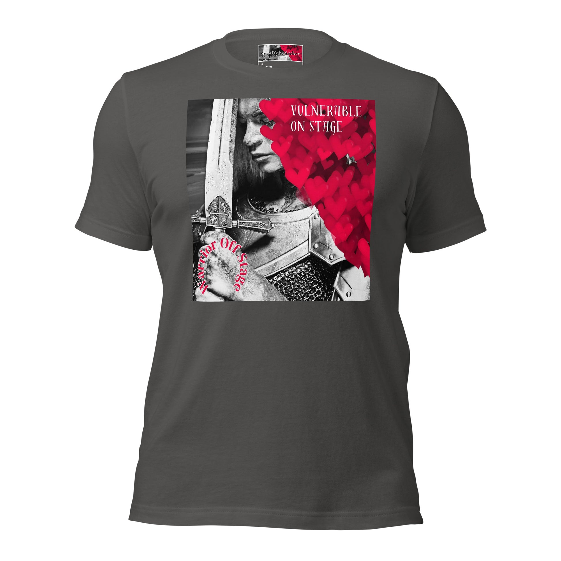 A bold and stylish Unisex Artist Vulnerable Warrior T-Shirt in Classic design, specifically crafted for Female Artists The shirt features empowering graphics, celebrating authenticity on stage and fierce warrior strength off stage. Perfect for making a statement in the world of art and beyond. Asphalt