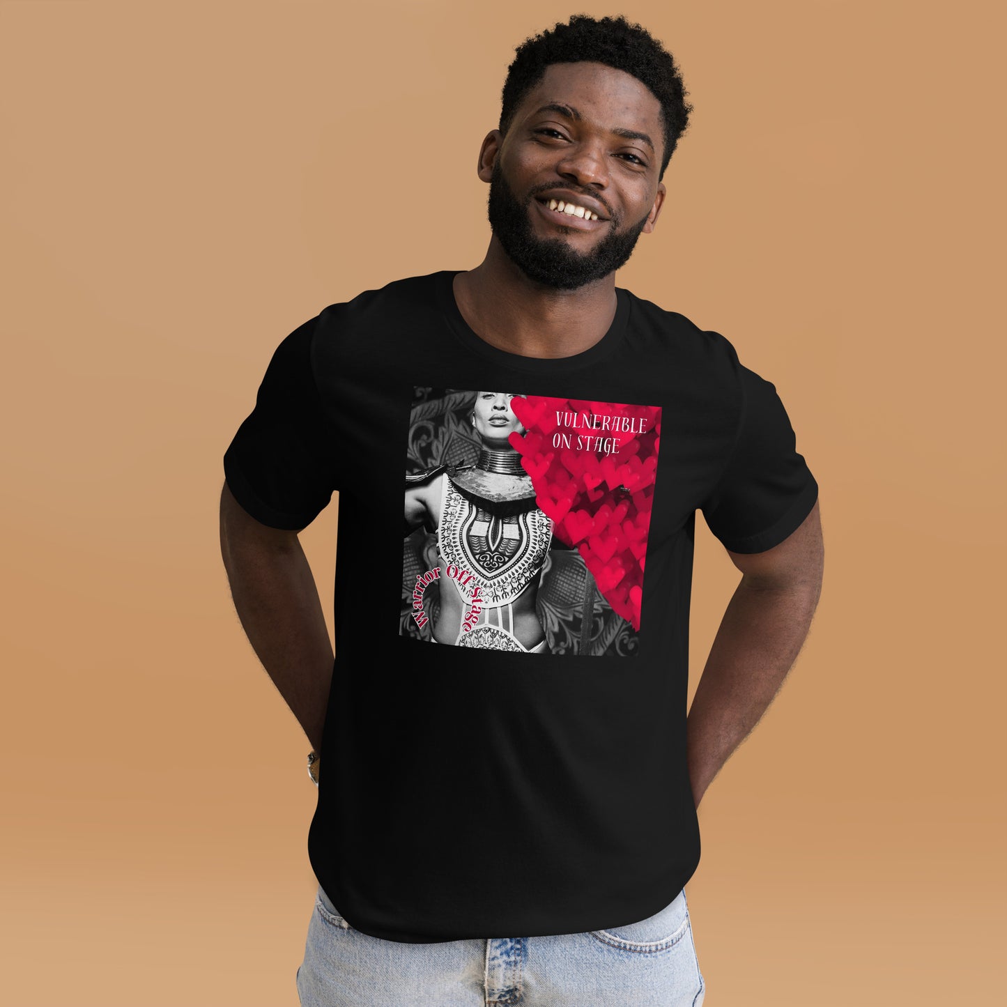 A bold and stylish Unisex Artist Vulnerable Warrior T-Shirt in Classic design, specifically crafted for Black Female Artists (BFA). The shirt features empowering graphics, celebrating authenticity on stage and fierce warrior strength off stage. Perfect for making a statement in the world of art and beyond.