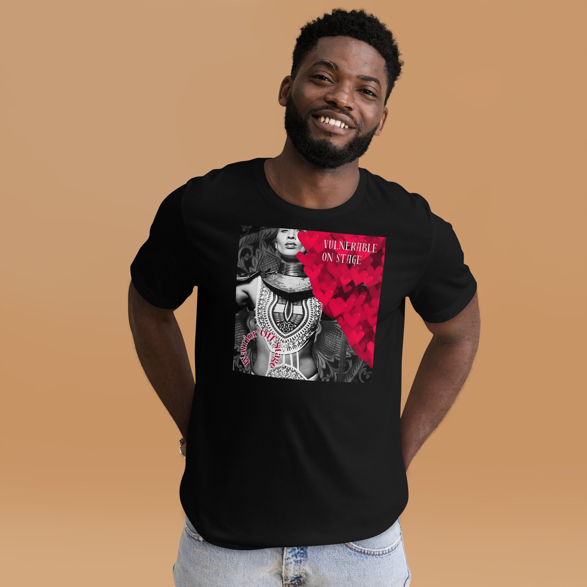 A bold and stylish Unisex Artist Vulnerable Warrior T-Shirt in Classic design, specifically crafted for Black Female Artists (BFA). The shirt features empowering graphics, celebrating authenticity on stage and fierce warrior strength off stage. Perfect for making a statement in the world of art and beyond.