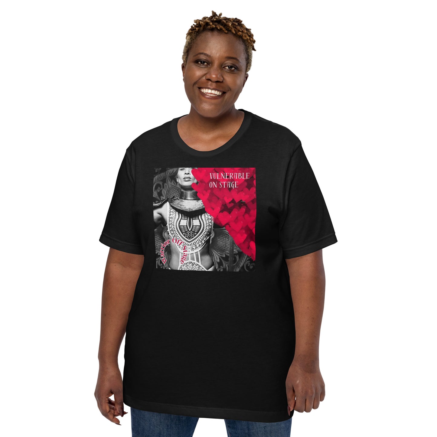 A bold and stylish Unisex Artist Vulnerable Warrior T-Shirt in Classic design, specifically crafted for Black Female Artists (BFA). The shirt features empowering graphics, celebrating authenticity on stage and fierce warrior strength off stage. Perfect for making a statement in the world of art and beyond.