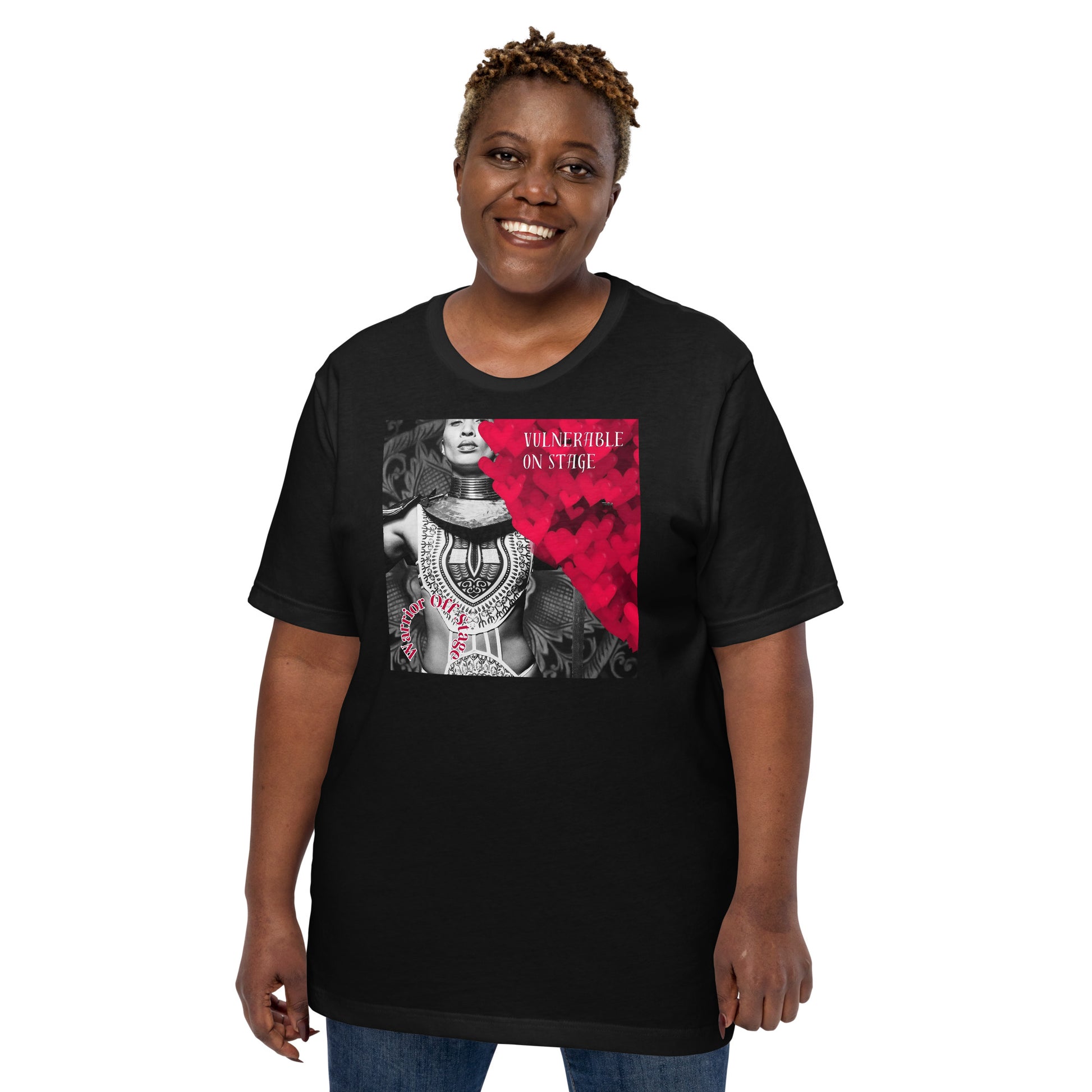 A bold and stylish Unisex Artist Vulnerable Warrior T-Shirt in Classic design, specifically crafted for Black Female Artists (BFA). The shirt features empowering graphics, celebrating authenticity on stage and fierce warrior strength off stage. Perfect for making a statement in the world of art and beyond.