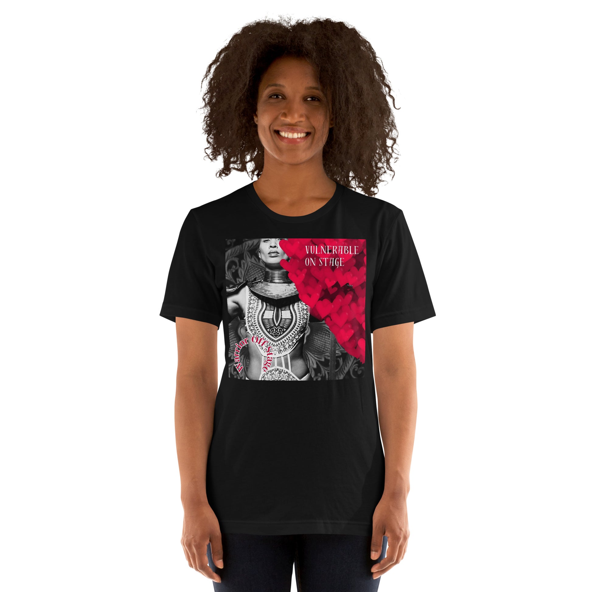 A bold and stylish Unisex Artist Vulnerable Warrior T-Shirt in Classic design, specifically crafted for Black Female Artists (BFA). The shirt features empowering graphics, celebrating authenticity on stage and fierce warrior strength off stage. Perfect for making a statement in the world of art and beyond.