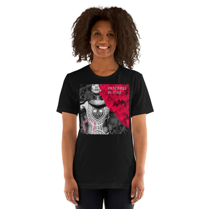 A bold and stylish Unisex Artist Vulnerable Warrior T-Shirt in Classic design, specifically crafted for Black Female Artists (BFA). The shirt features empowering graphics, celebrating authenticity on stage and fierce warrior strength off stage. Perfect for making a statement in the world of art and beyond.