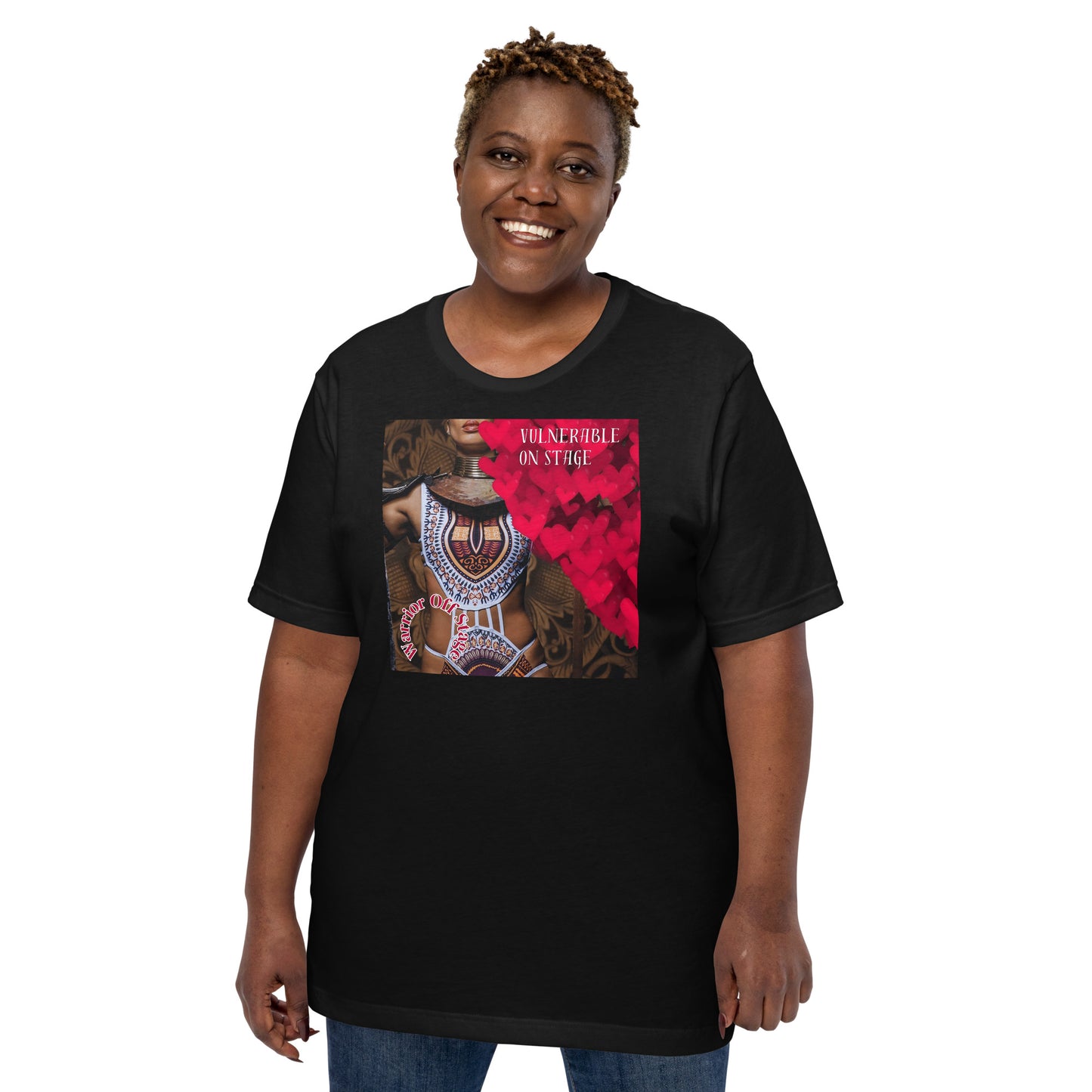 A bold and stylish Unisex Artist Vulnerable Warrior T-Shirt in Fresco design, specifically crafted for Black Female Artists (BFA). The shirt features empowering graphics, celebrating authenticity on stage and fierce warrior strength off stage. Perfect for making a statement in the world of art and beyond.