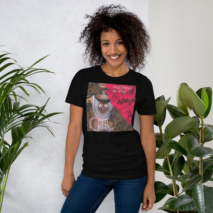 A bold and stylish Unisex Artist Vulnerable Warrior T-Shirt in Fresco design, specifically crafted for Black Female Artists (BFA). The shirt features empowering graphics, celebrating authenticity on stage and fierce warrior strength off stage. Perfect for making a statement in the world of art and beyond.