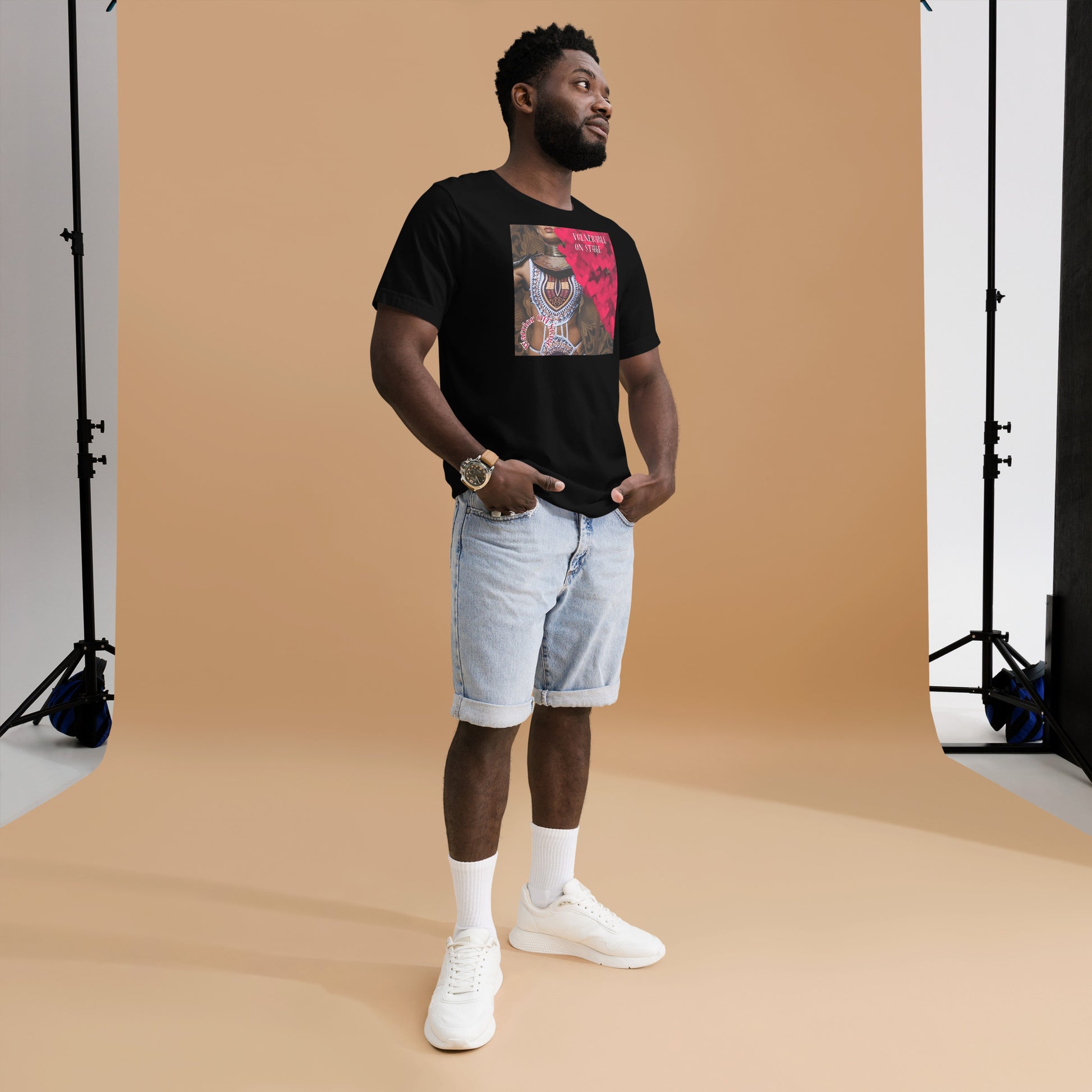 A bold and stylish Unisex Artist Vulnerable Warrior T-Shirt in Fresco design, specifically crafted for Black Female Artists (BFA). The shirt features empowering graphics, celebrating authenticity on stage and fierce warrior strength off stage. Perfect for making a statement in the world of art and beyond.