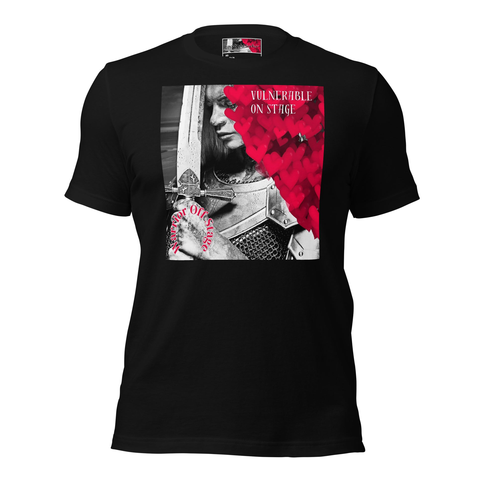 A bold and stylish Unisex Artist Vulnerable Warrior T-Shirt in Classic design, specifically crafted for Female Artists The shirt features empowering graphics, celebrating authenticity on stage and fierce warrior strength off stage. Perfect for making a statement in the world of art and beyond.