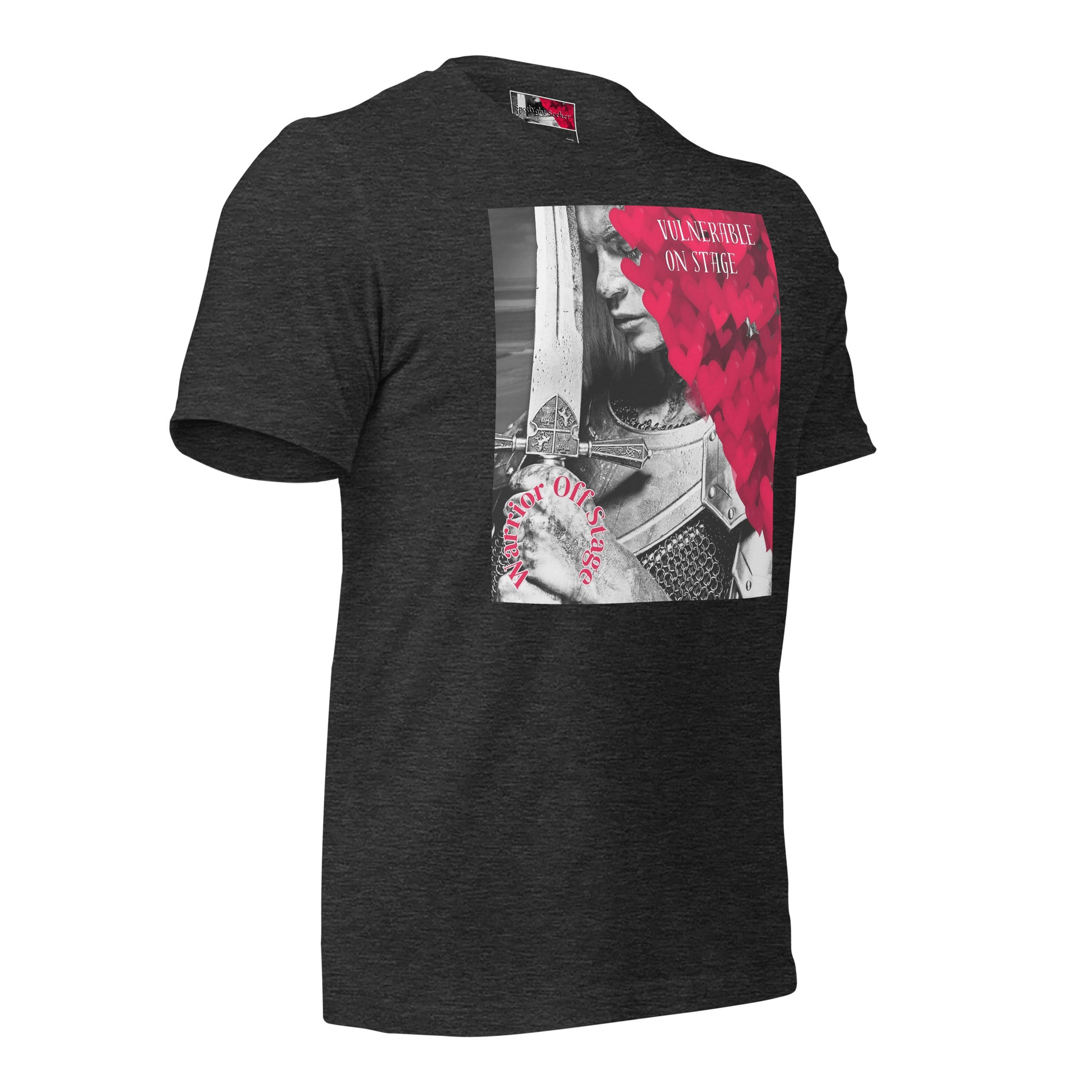 A bold and stylish Unisex Artist Vulnerable Warrior T-Shirt in Classic design, specifically crafted for Female Artists The shirt features empowering graphics, celebrating authenticity on stage and fierce warrior strength off stage. Perfect for making a statement in the world of art and beyond. Dark Heather Grey