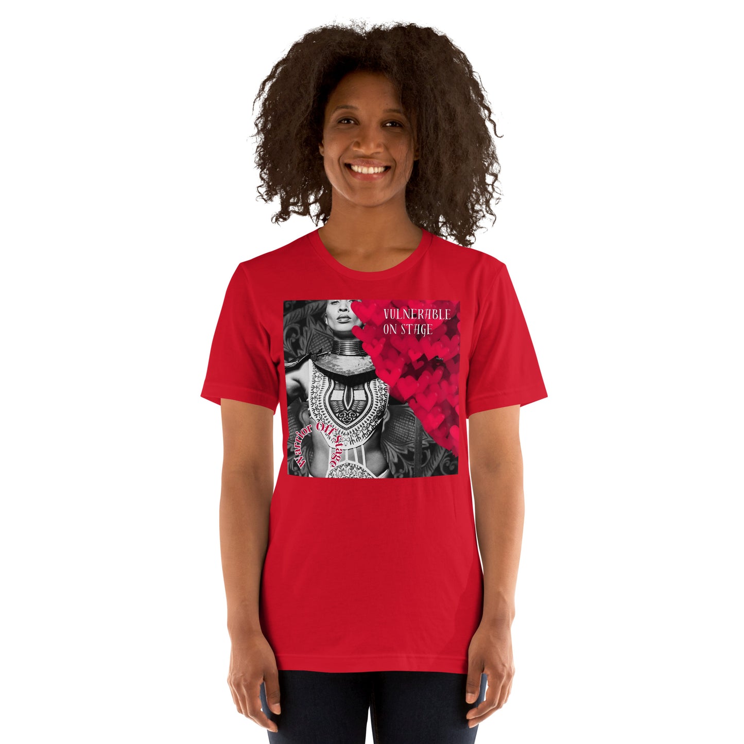 A bold and stylish Unisex Artist Vulnerable Warrior T-Shirt in Classic design, specifically crafted for Black Female Artists (BFA). The shirt features empowering graphics, celebrating authenticity on stage and fierce warrior strength off stage. Perfect for making a statement in the world of art and beyond.