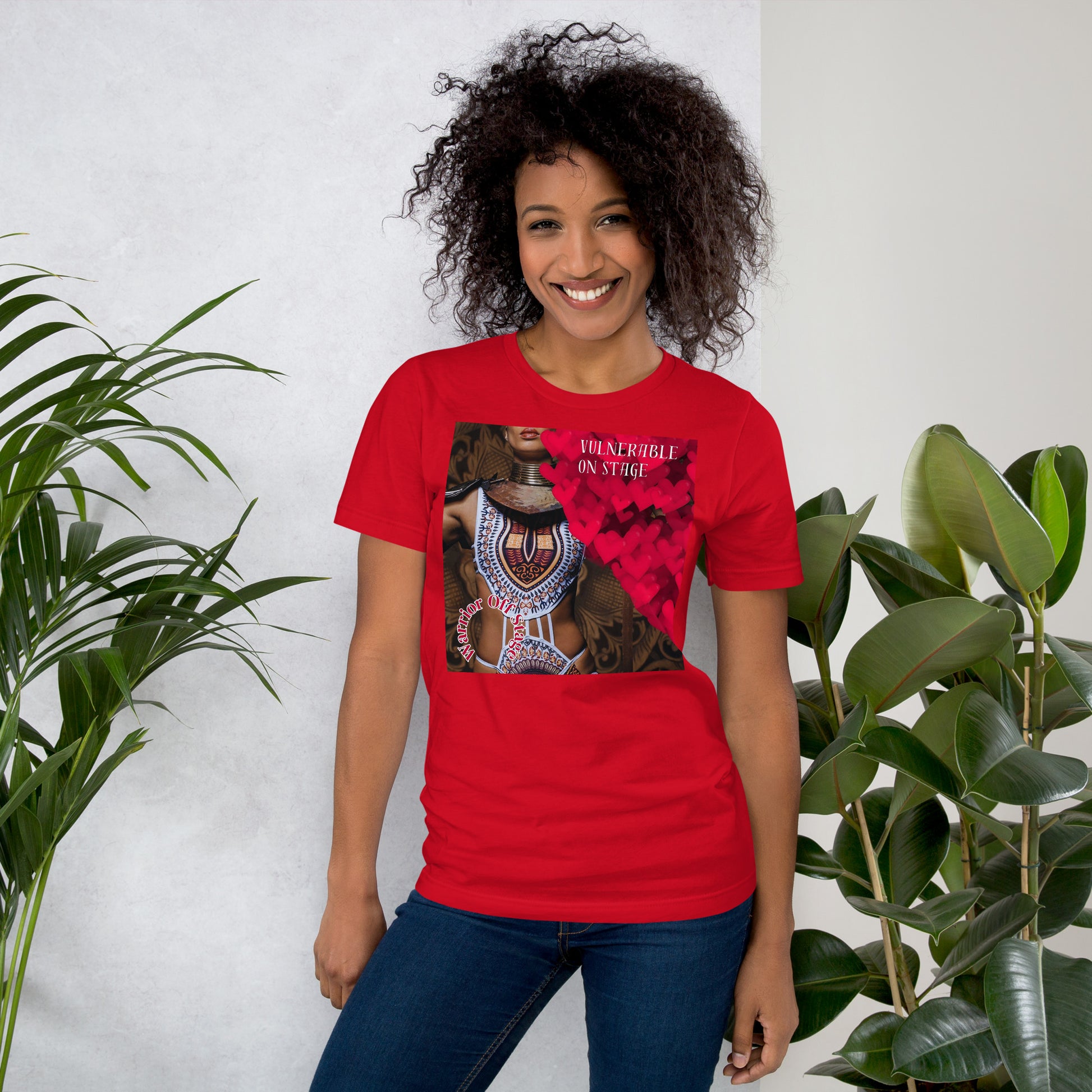 A bold and stylish Unisex Artist Vulnerable Warrior T-Shirt in Fresco design, specifically crafted for Black Female Artists (BFA). The shirt features empowering graphics, celebrating authenticity on stage and fierce warrior strength off stage. Perfect for making a statement in the world of art and beyond.