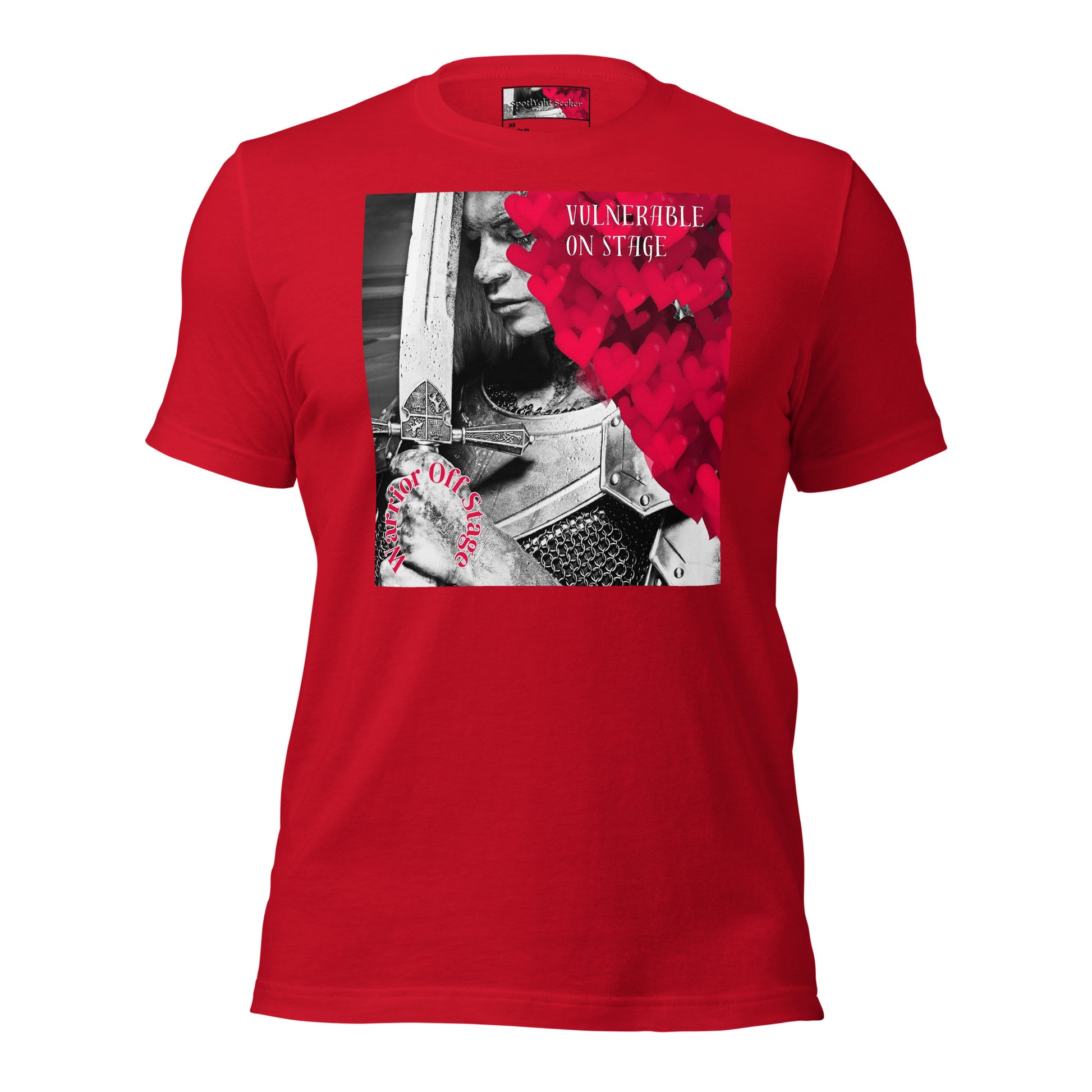 A bold and stylish Unisex Artist Vulnerable Warrior T-Shirt in Classic design, specifically crafted for Female Artists The shirt features empowering graphics, celebrating authenticity on stage and fierce warrior strength off stage. Perfect for making a statement in the world of art and beyond.