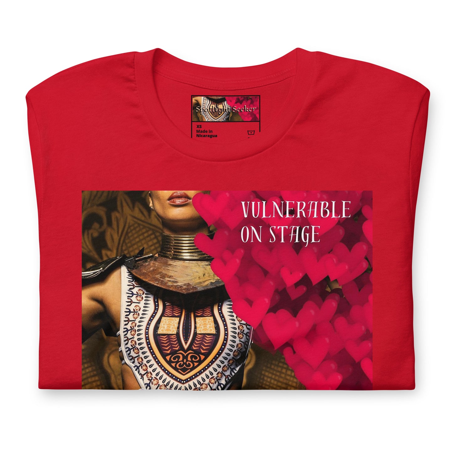 A bold and stylish Unisex Artist Vulnerable Warrior T-Shirt in Fresco design, specifically crafted for Black Female Artists (BFA). The shirt features empowering graphics, celebrating authenticity on stage and fierce warrior strength off stage. Perfect for making a statement in the world of art and beyond.