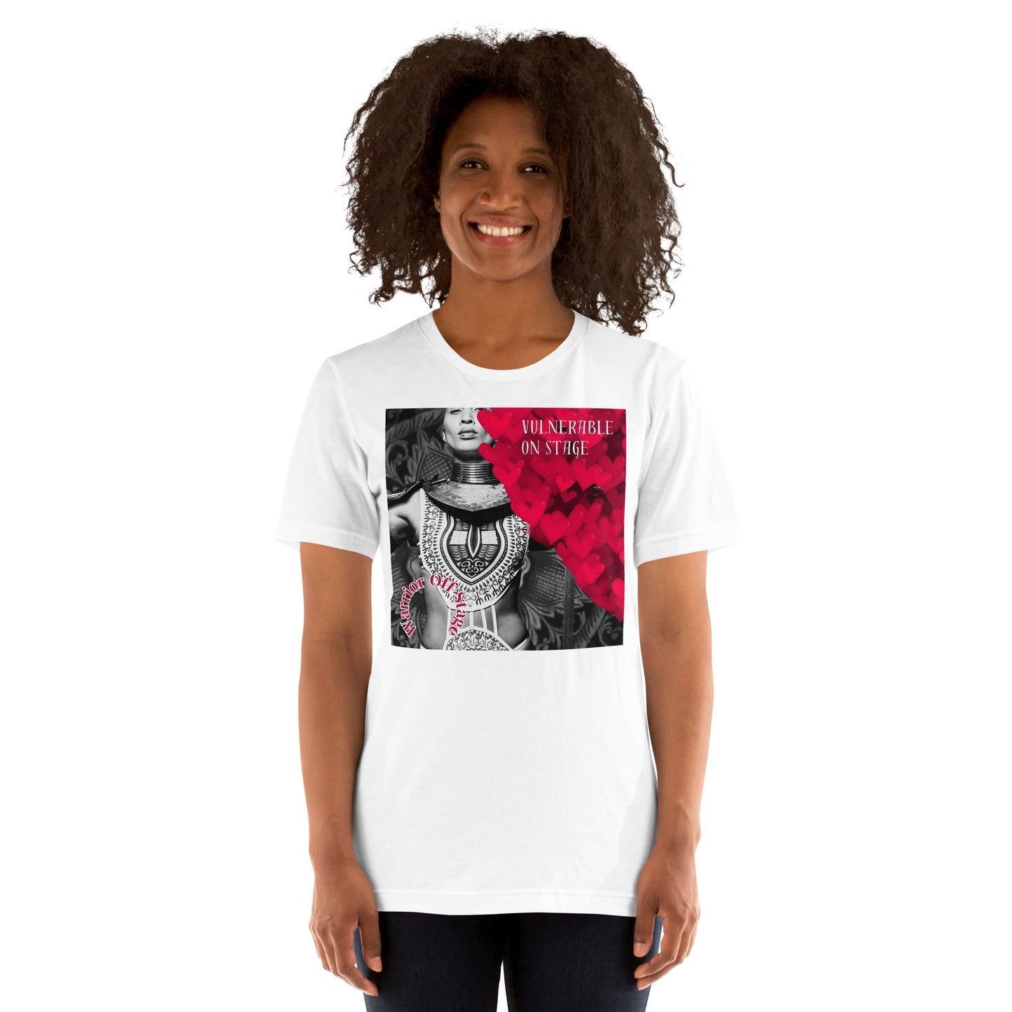 A bold and stylish Unisex Artist Vulnerable Warrior T-Shirt in Classic design, specifically crafted for Black Female Artists (BFA). The shirt features empowering graphics, celebrating authenticity on stage and fierce warrior strength off stage. Perfect for making a statement in the world of art and beyond.