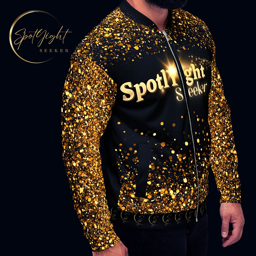 Unisex Bomber Jacket in dazzling sequin-simulated design, perfect for adding sparkle to your style.  For the artist whose birthright is the spotlight.