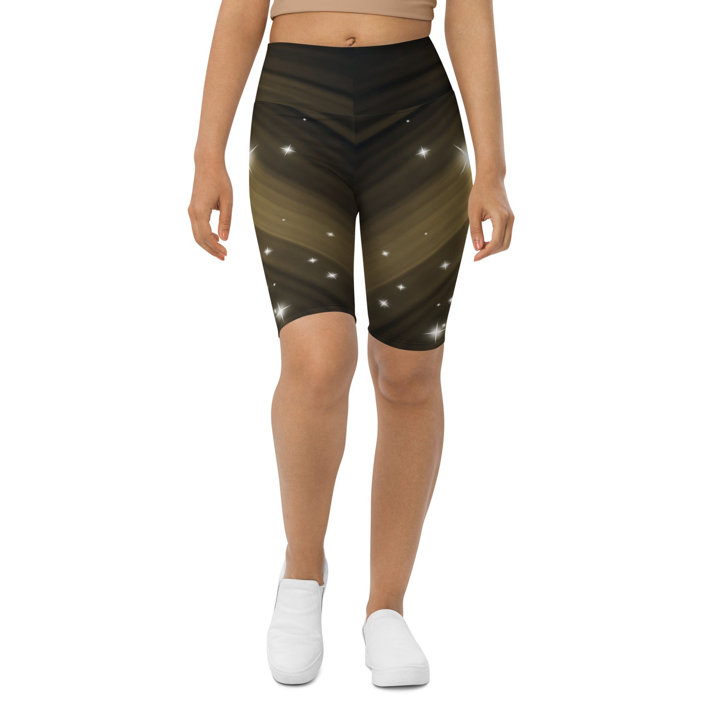 Female artist shine bright rocking your Gold Spotlyght Biker Shorts