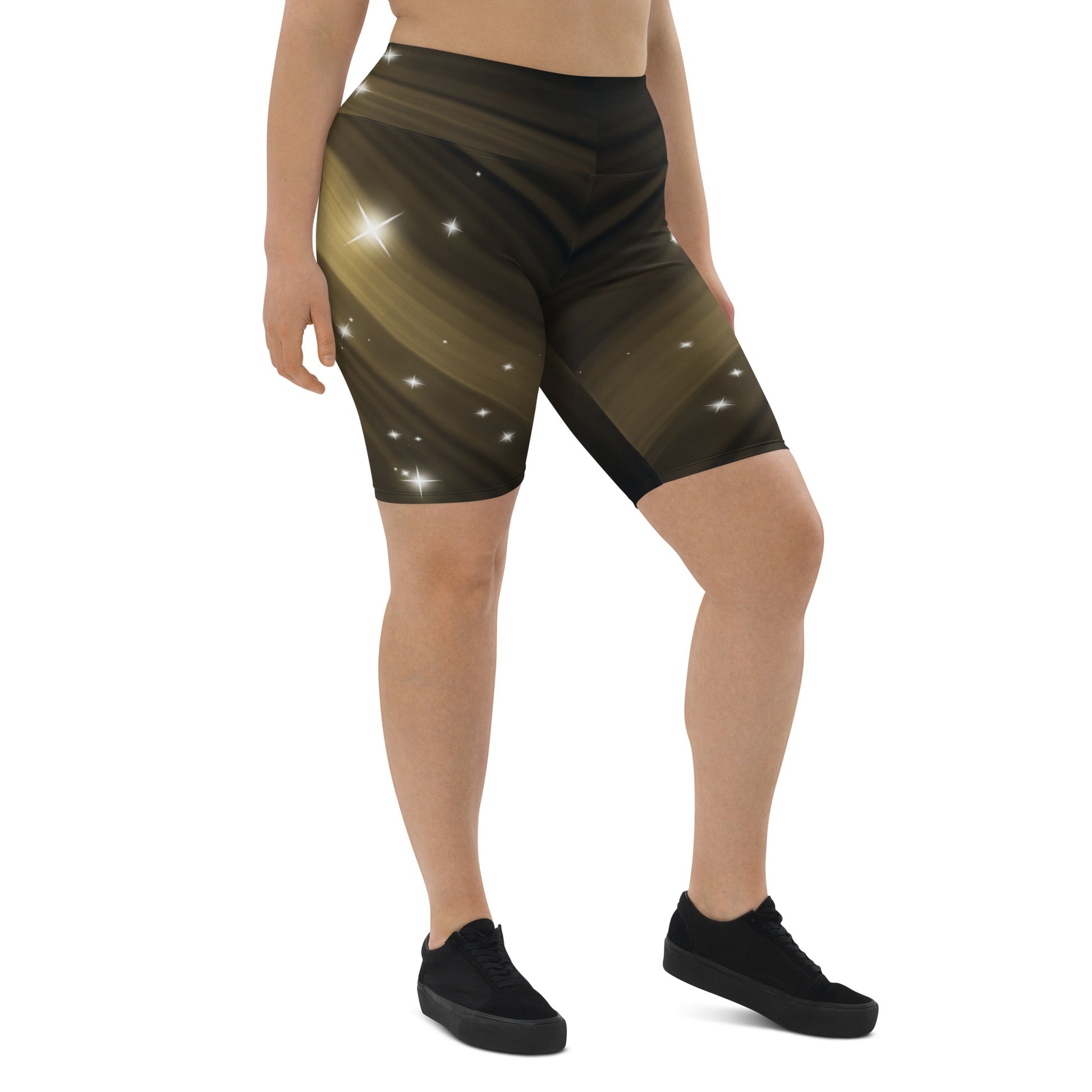 Plus Size Female artist shine bright rocking your Gold Spotlyght Biker Shorts