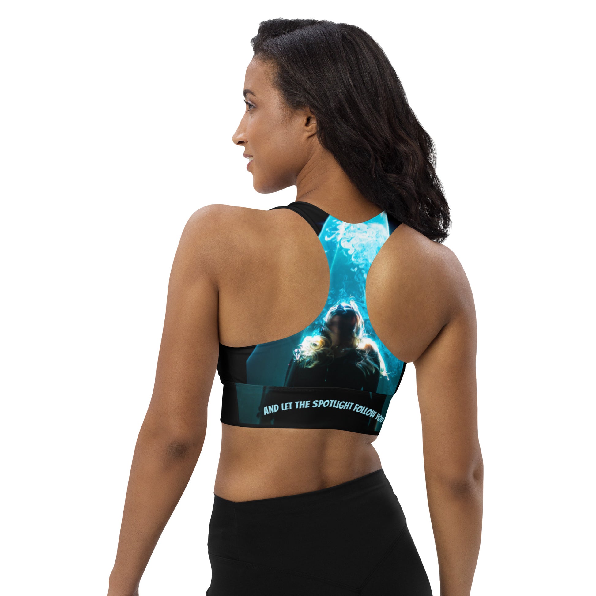 Artists, it’s not enough to want it; you have to be it.  Set your trajectory towards the spotlight in SpotlYght Seeker’s Aqua SpotlYght Sports Bra - Dress where you want to be SpotlYght Seeker.