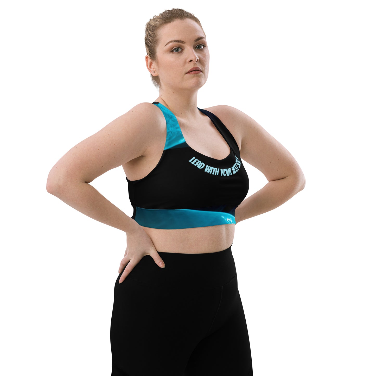See yourself in the Spotlight in these LBS Aqua Spotlight Plus Size Sports Bra for the Female Artist.
