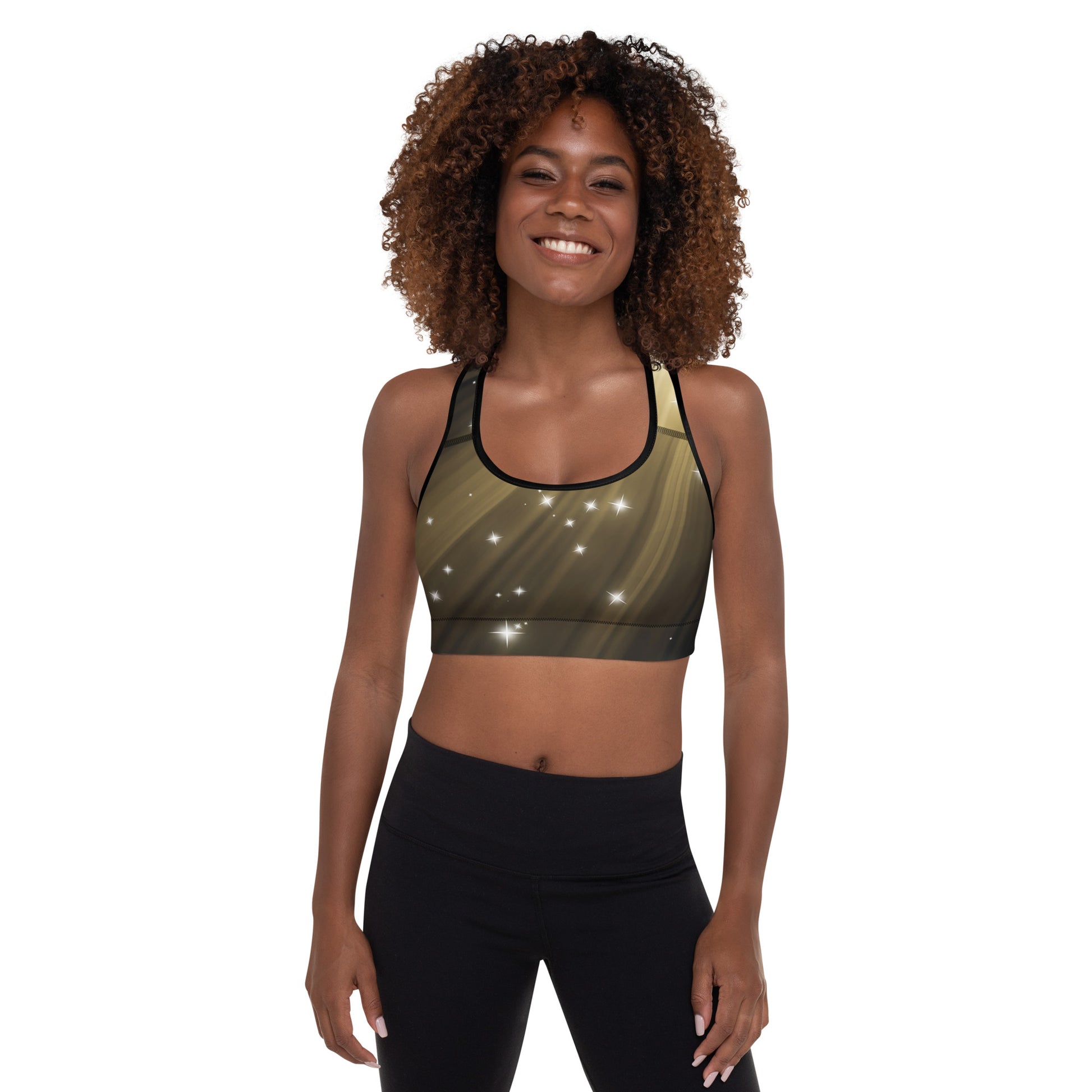 Female artist shine bright rocking your Gold Spotlyght Padded Sports Bra