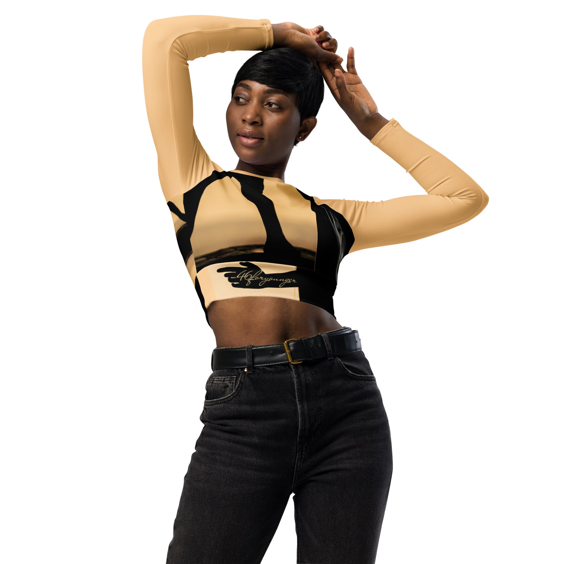 A-Ray of Emotions Long Sleeve Crop Top - AH Peach: A canvas for creative magic, inspired by the profound quote, in the enchanting Peach color.   'Every work of art begins with a ray of emotion, a torch of inspiration, a question searching for an answer.' Explore the journey of creativity in this captivating hue."